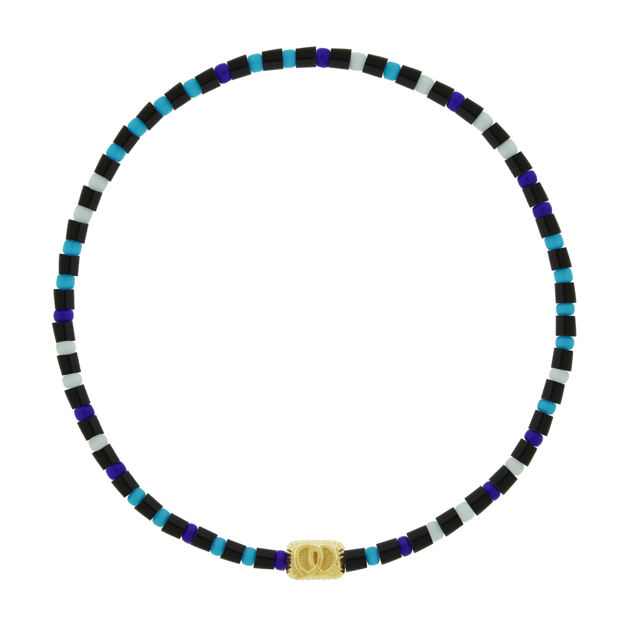 LUIS MORAIS 14k yellow gold small corrugated ingot with pretzel symbol on a gemstone and glass beaded bracelet. A light-hearted twist on our symbol designs.