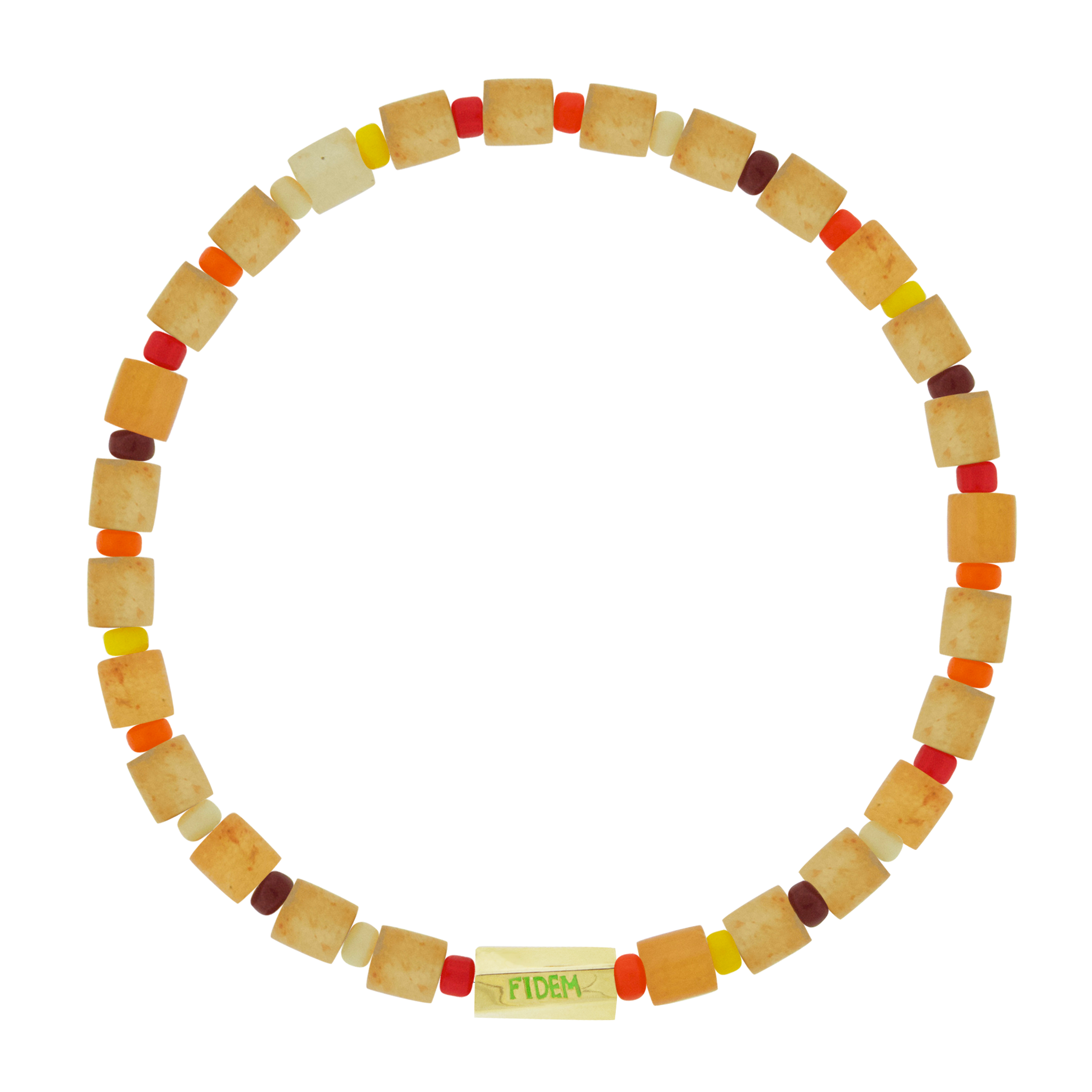 LUIS MORAIS 14k yellow gold large twisted hexagon with multicolor enameled words on a gemstone and glass beaded bracelet. Engraved with the word "fidem" which means faith in Latin.