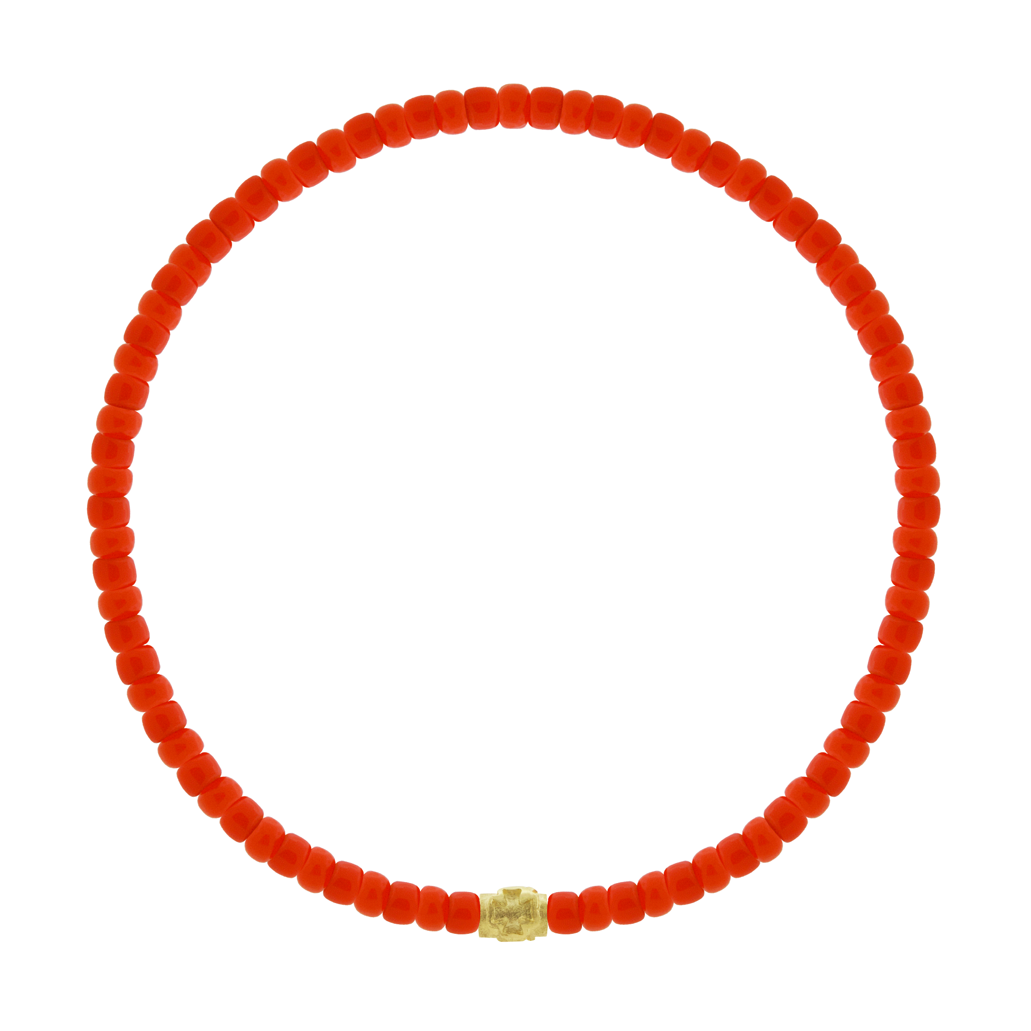 LUIS MORAIS 14k yellow gold single spacer bead with a clover symbol on a glass beaded bracelet.