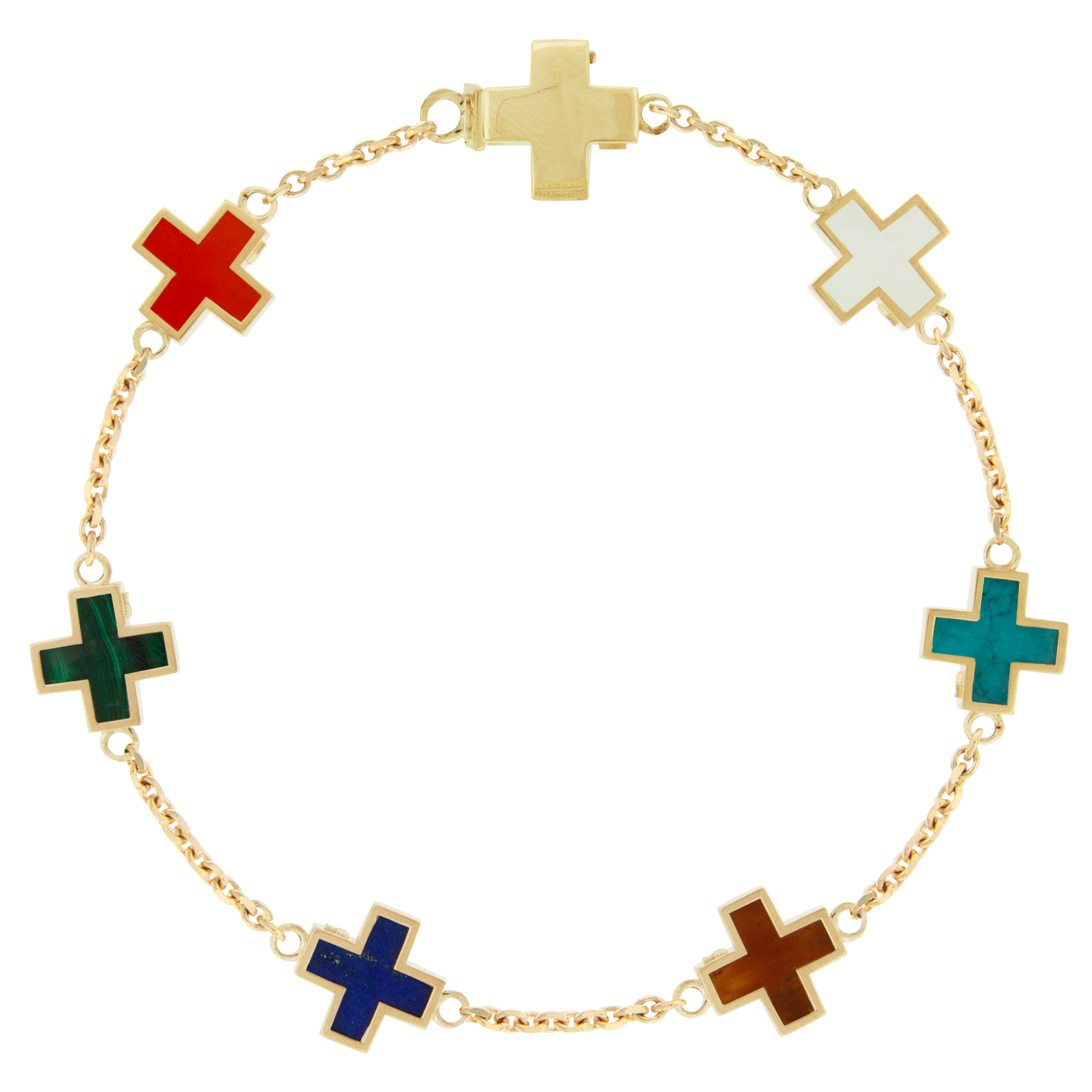LUIS MORAIS 14k yellow gold cable chain bracelet with framed cross gemstones. Features a secure clamshell clasp closure.