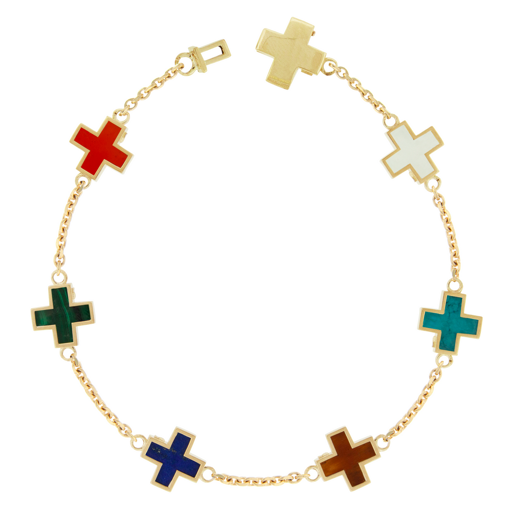 LUIS MORAIS 14k yellow gold cable chain bracelet with framed cross gemstones. Features a secure clamshell clasp closure.