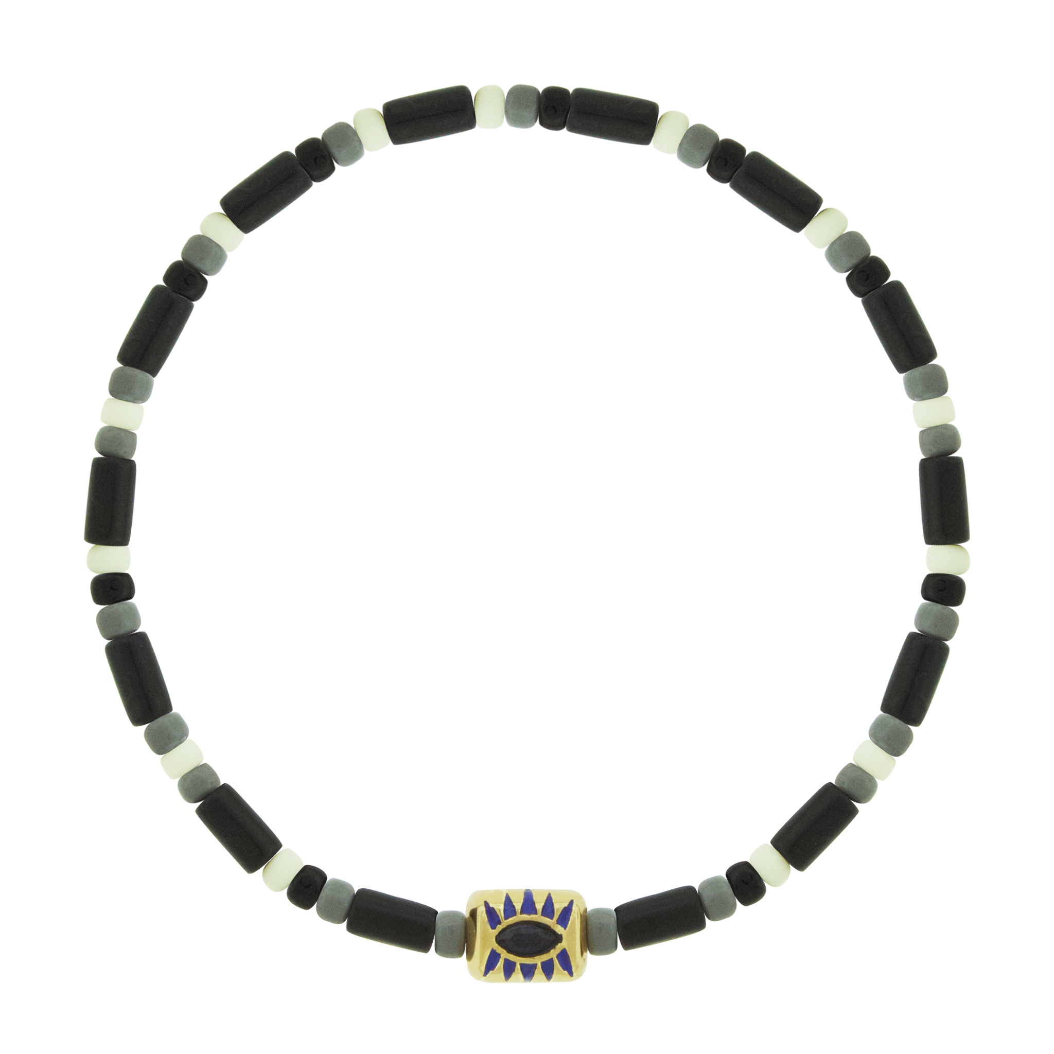 LUIS MORAIS 14k yellow gold enameled ingot with a gemstone and antiqued words on a gemstone and glass beaded bracelet.