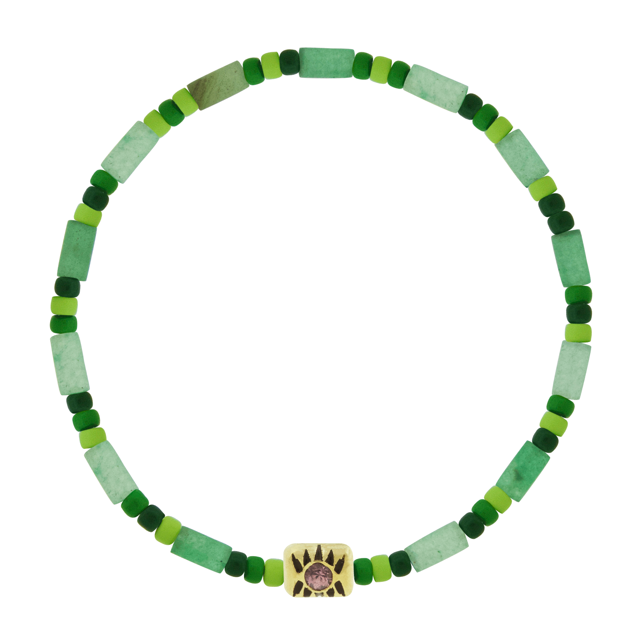 LUIS MORAIS 14k yellow gold enameled ingot with a gemstone and antiqued lashes on a gemstone and glass beaded bracelet.