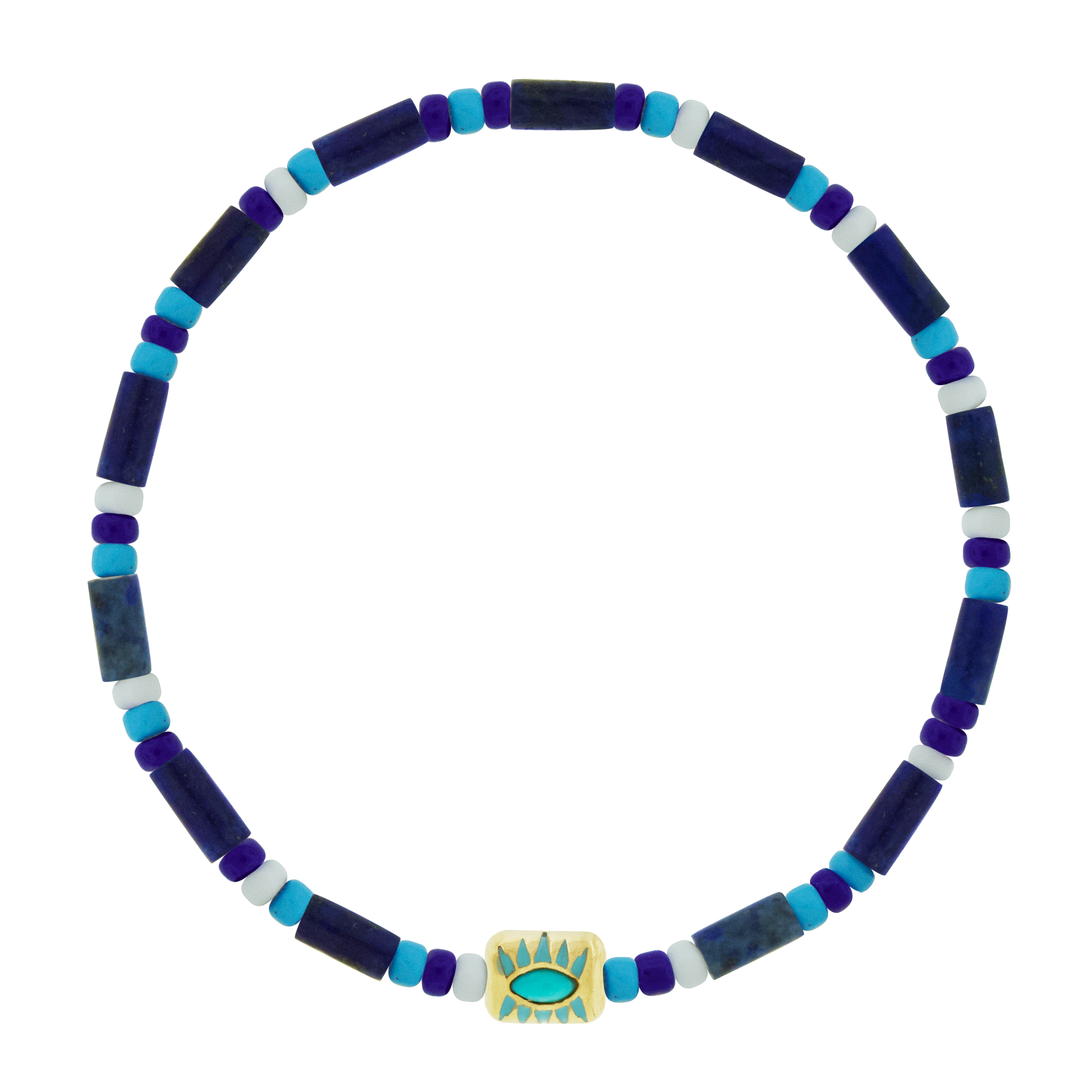 LUIS MORAIS 14k yellow gold enameled ingot with a gemstone center on a gemstone and glass beaded bracelet.