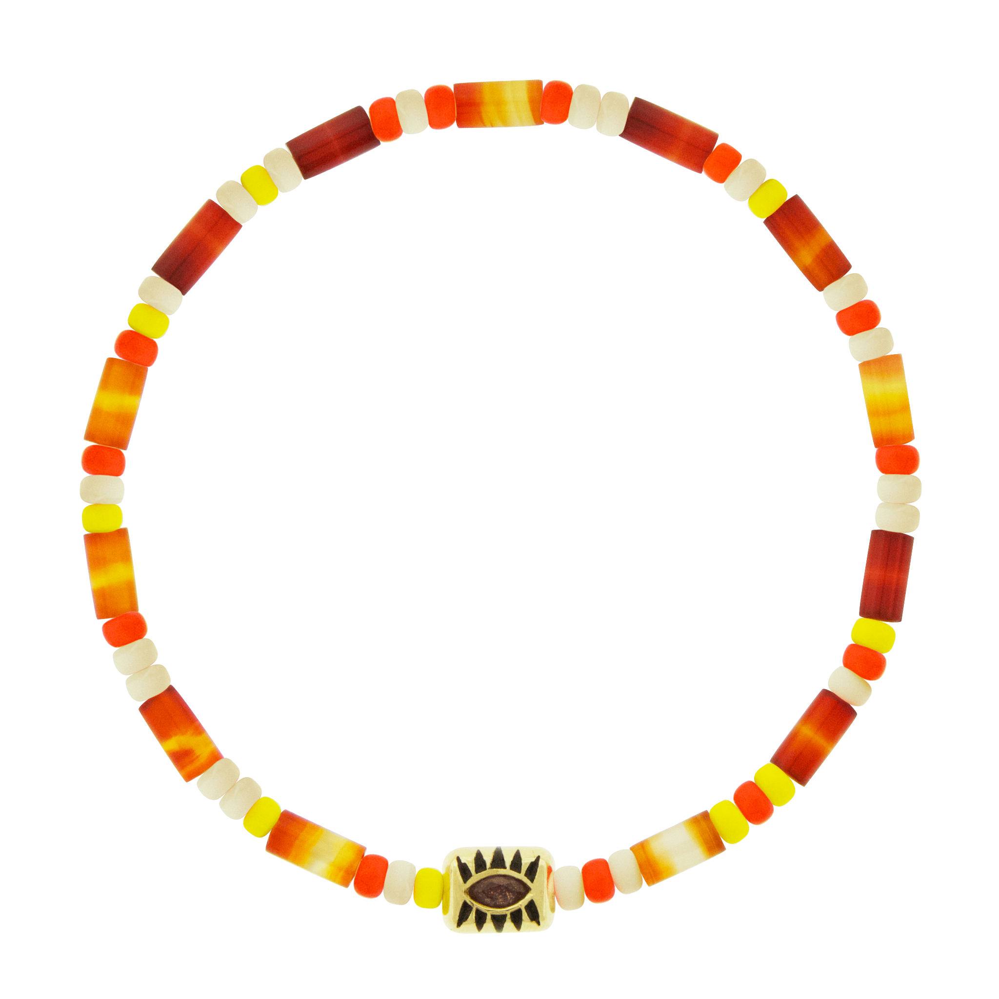 LUIS MORAIS 14k yellow gold enameled ingot with a gemstone and antiqued lashes on a gemstone and glass beaded bracelet.