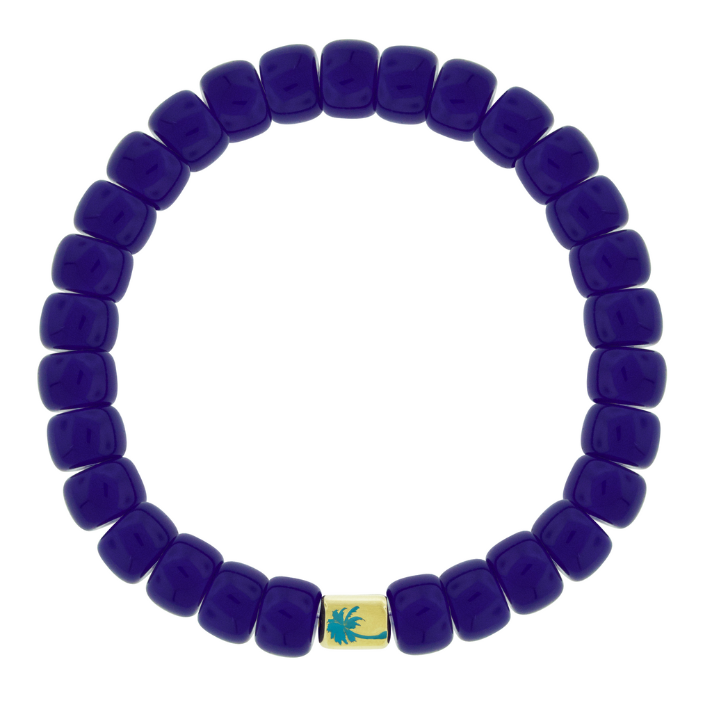 LUIS MORAIS 14K yellow gold ingot with an enameled palm tree symbol on a glass beaded bracelet.&nbsp;