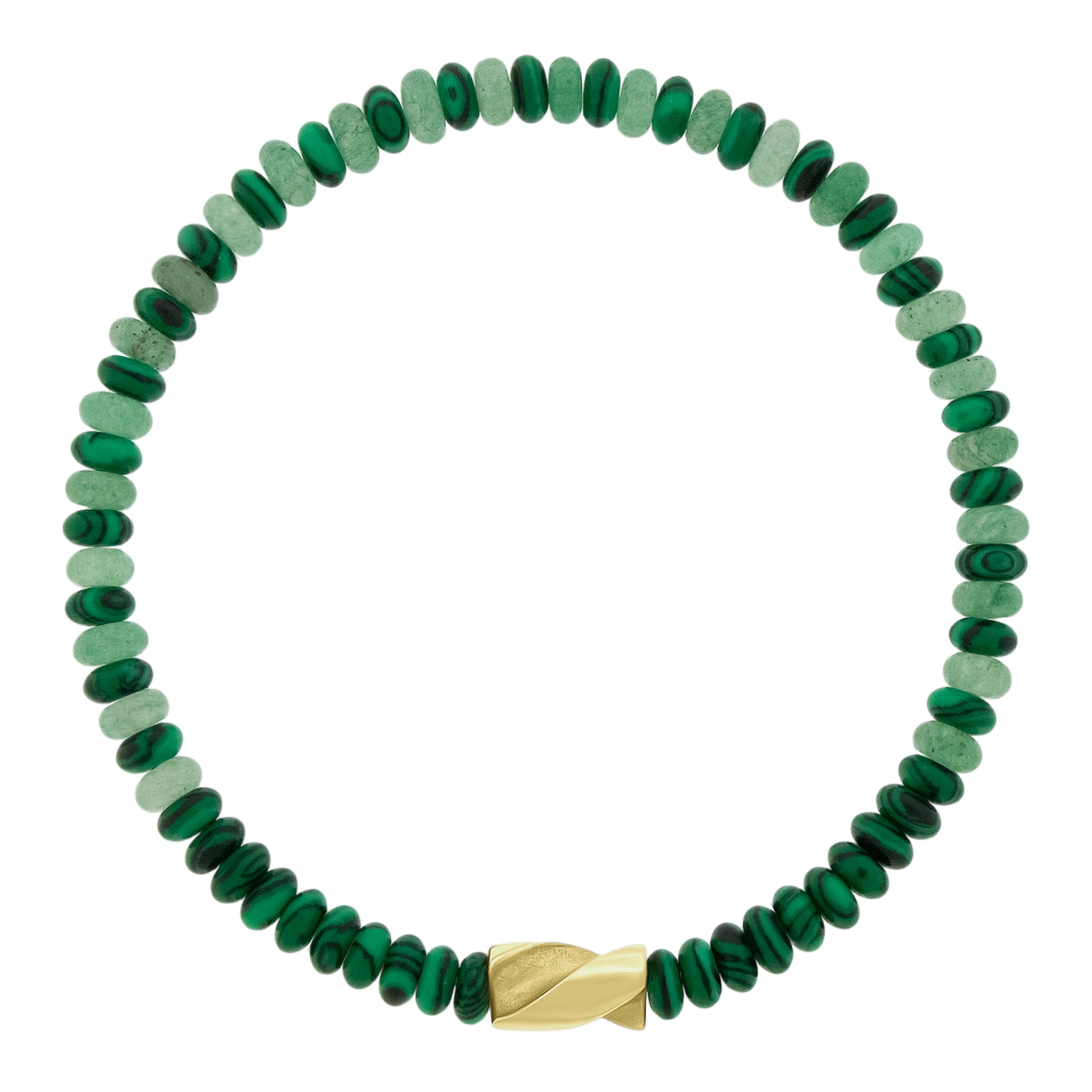 A green beaded bracelet made of malachite and aventurine with a 14k yellow gold short drill bit detail, using an elastic cord.