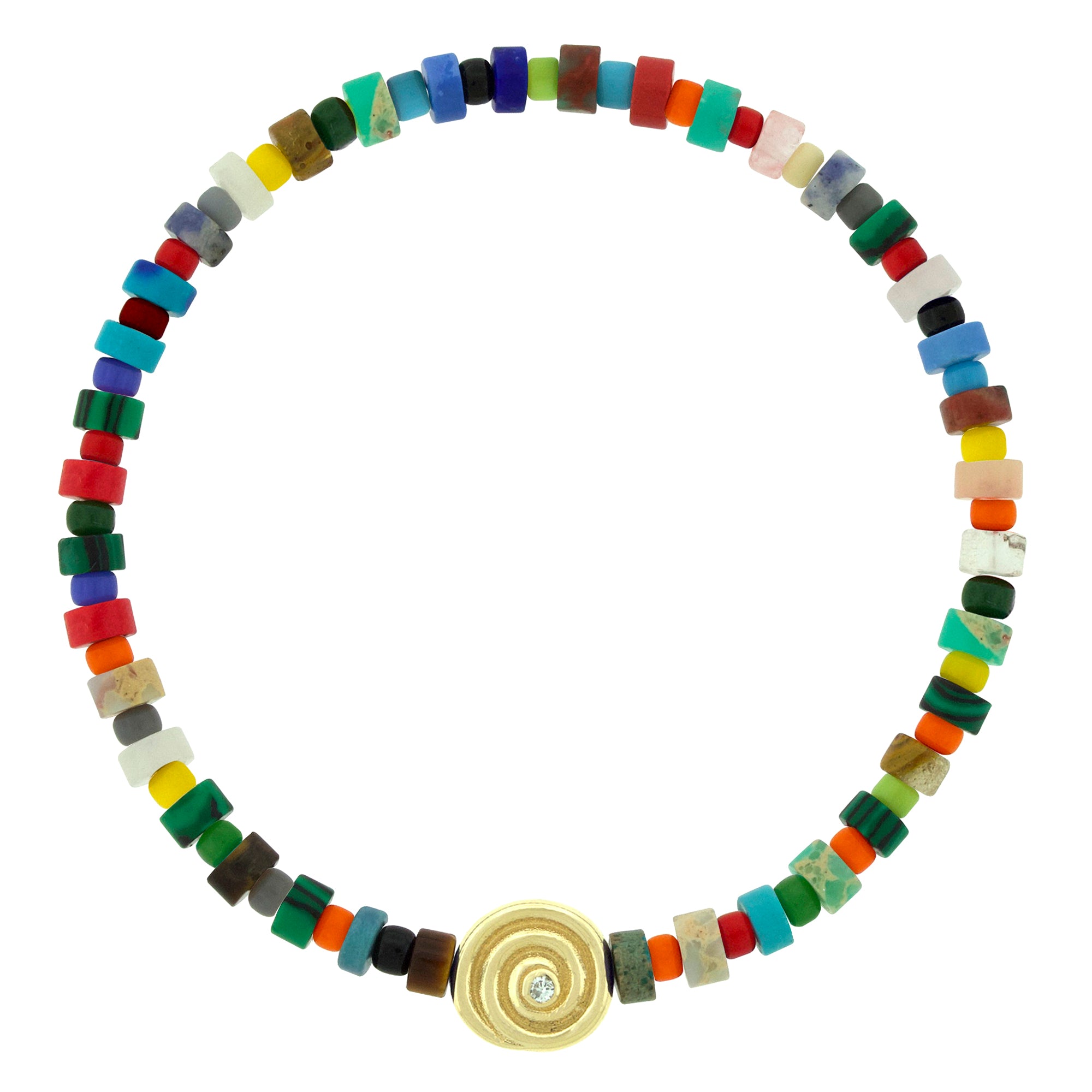 LUIS MORAIS 14k yellow gold spiral disk with a white diamond on a gemstone and glass beaded bracelet. The spiral symbolizes growth, evolution, and the journey of life. A timeless emblem of continuous transformation, it represents balance, expansion, and the path to deeper wisdom.