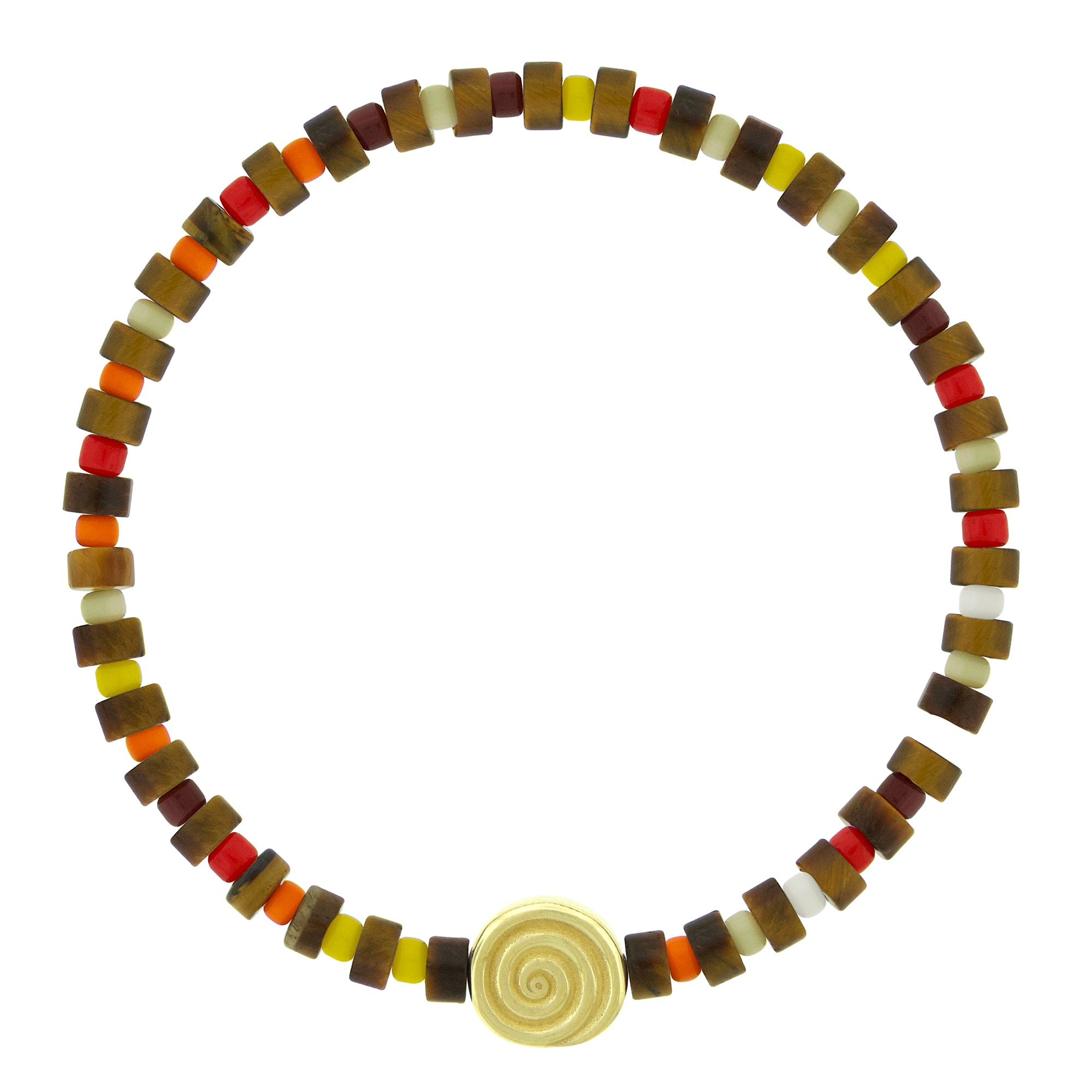 LUIS MORAIS 14k yellow gold spiral disk on a gemstone and glass beaded bracelet. The spiral symbolizes growth, evolution, and the journey of life. A timeless emblem of continuous transformation, it represents balance, expansion, and the path to deeper wisdom.