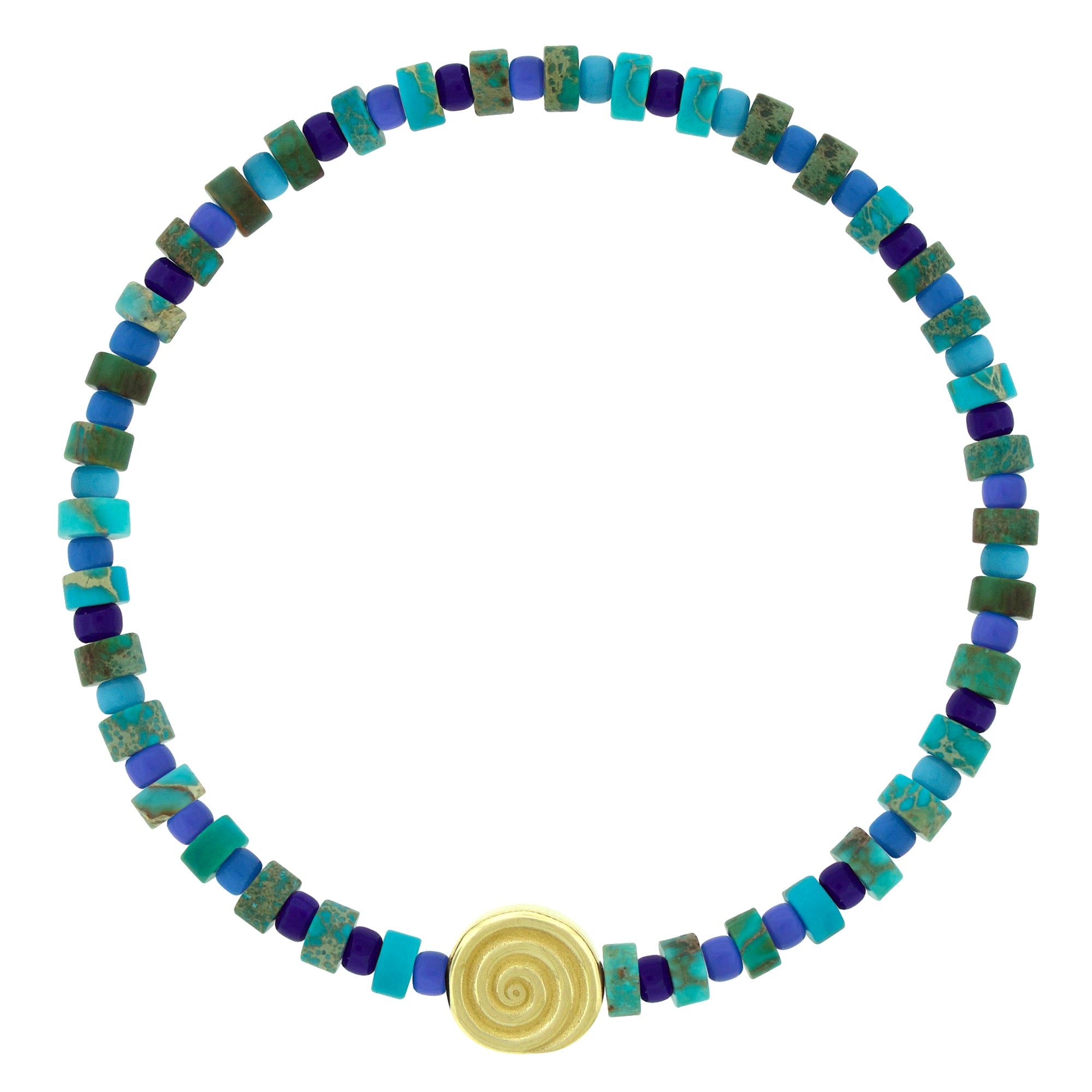 LUIS MORAIS 14k yellow gold spiral disk on a gemstone and glass beaded bracelet. The spiral symbolizes growth, evolution, and the journey of life. A timeless emblem of continuous transformation, it represents balance, expansion, and the path to deeper wisdom.