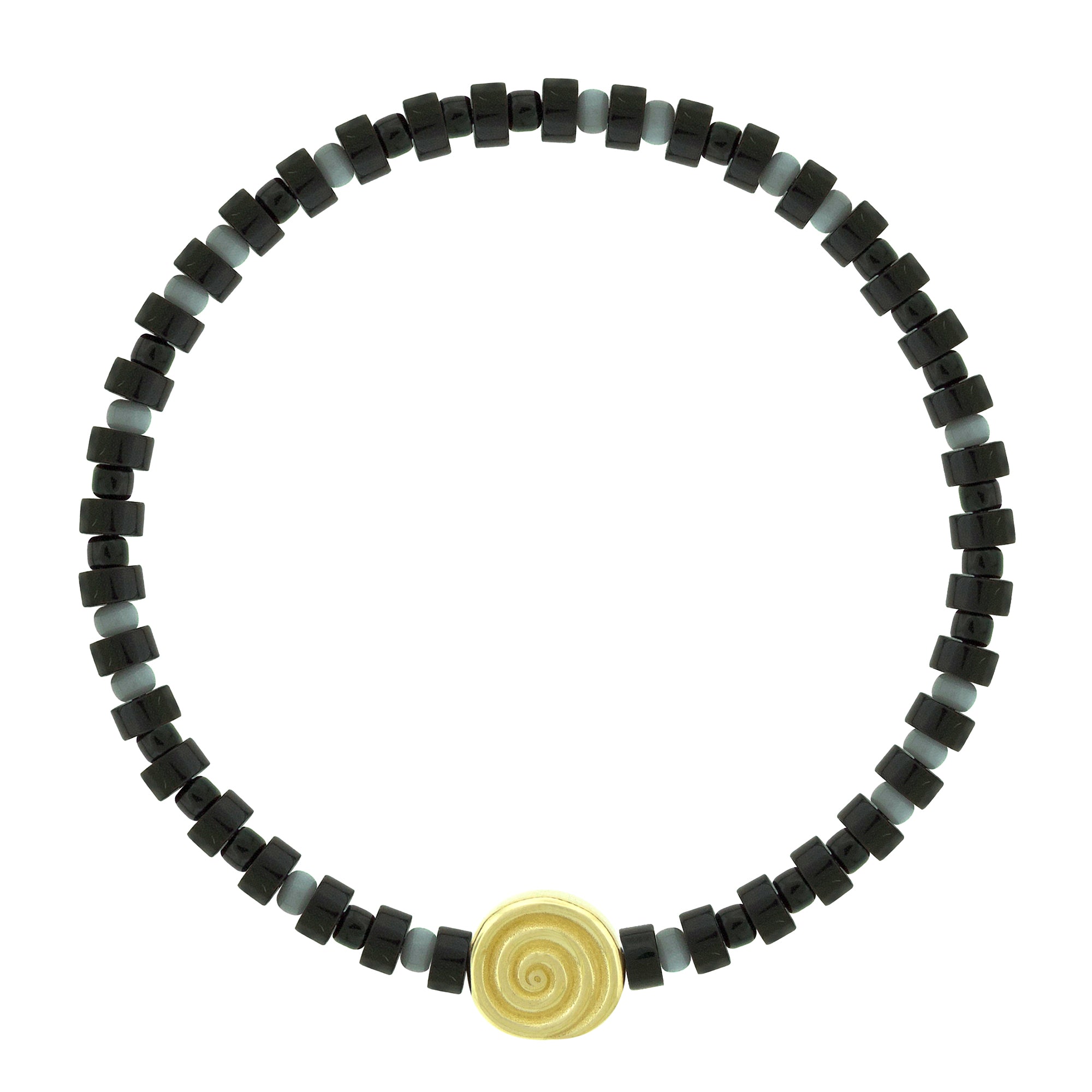 LUIS MORAIS 14k yellow gold spiral disk on a gemstone and glass beaded bracelet. The spiral symbolizes growth, evolution, and the journey of life. A timeless emblem of continuous transformation, it represents balance, expansion, and the path to deeper wisdom.