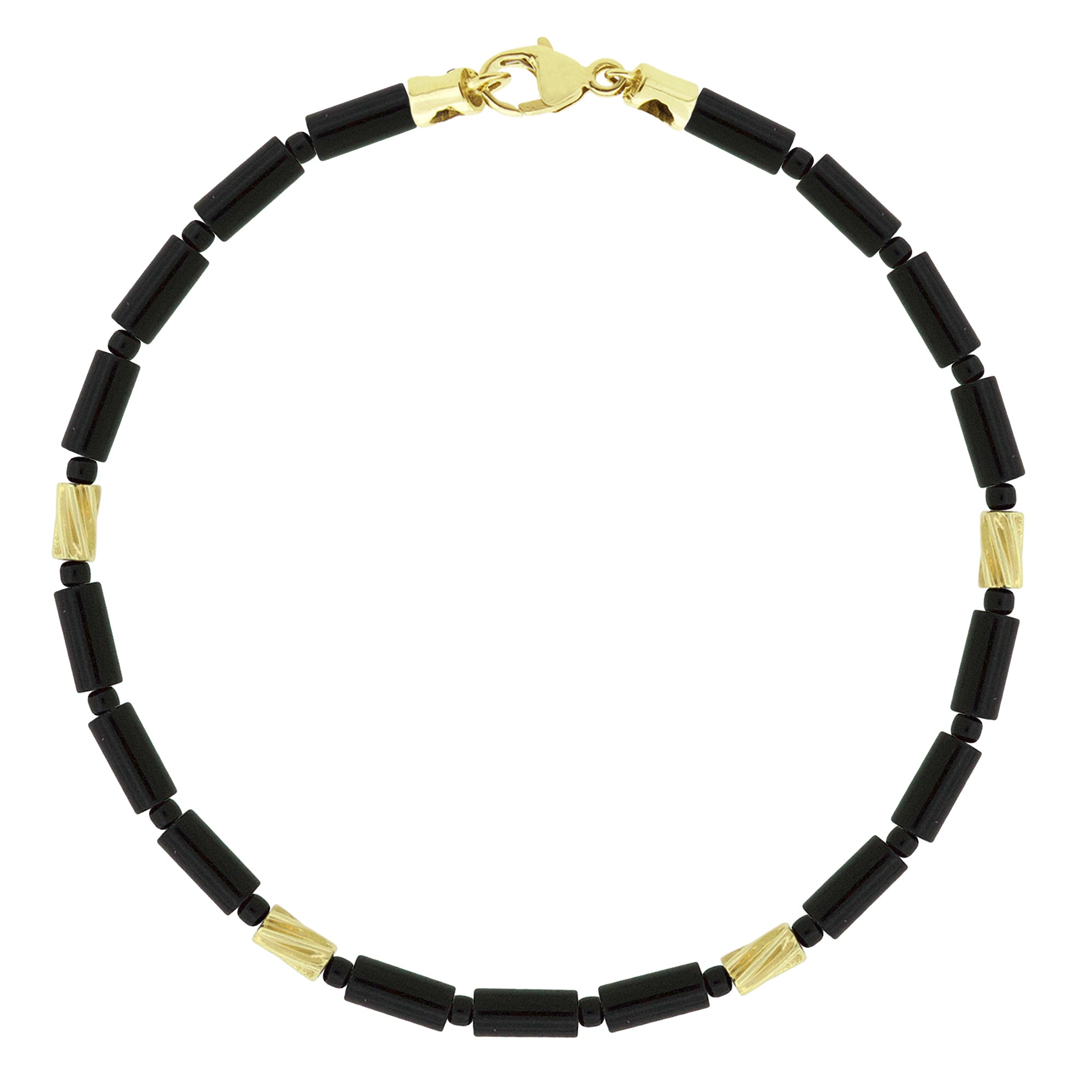 LUIS MORAIS gemstone beaded bracelet with 14k yellow gold clasp and four mini gold drill bits. The drill bit design is symbolic of digging deeper into oneself and life’s challenges. It represents resilience and the pursuit of discovery, encouraging the wearer to push through obstacles and uncover hidden truths.