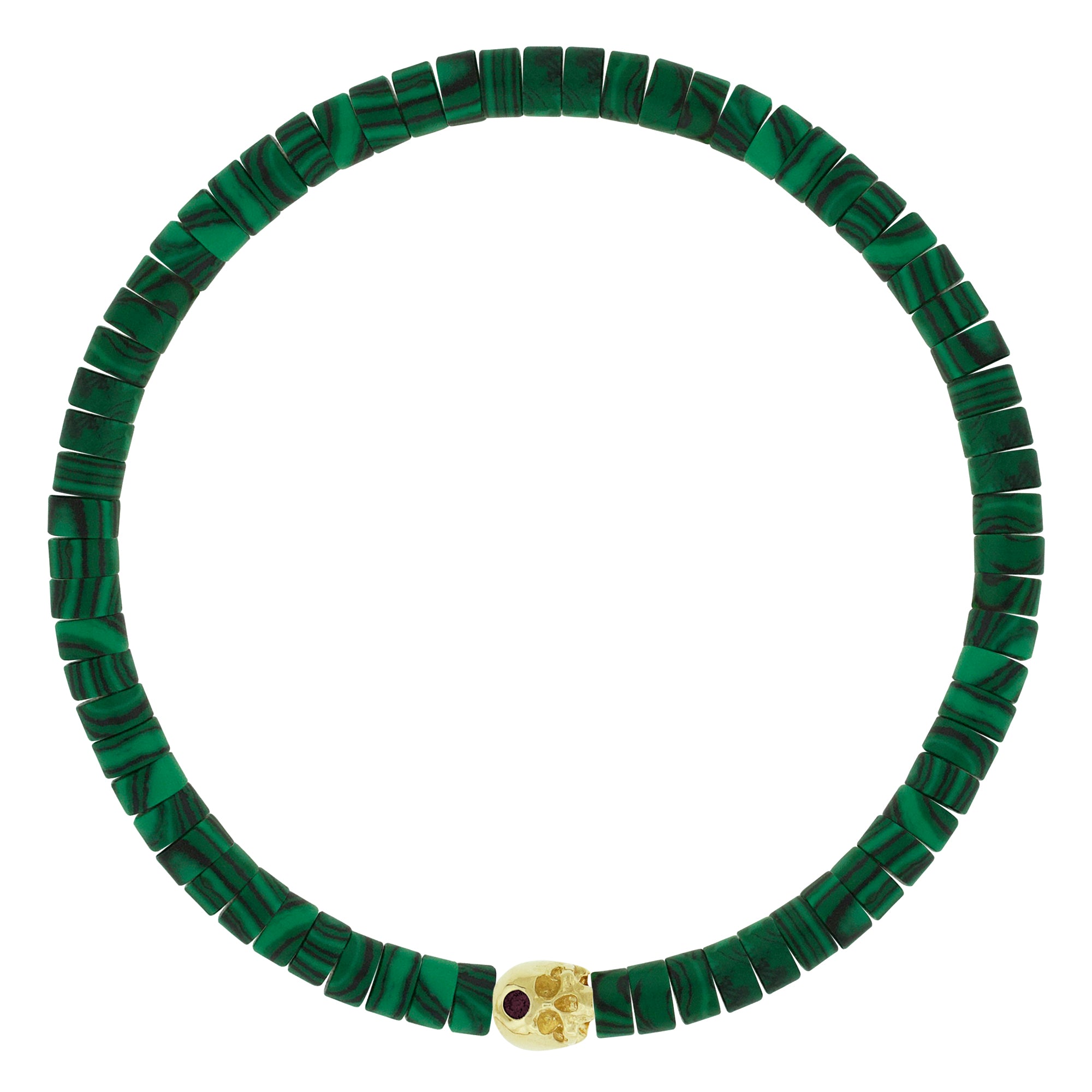 LUIS MORAIS 14k yellow gold half-skull with a black diamond on a gemstone beaded bracelet. The skull is adorned with a stone on the forehead, representing the Third Eye Chakra, which symbolizes intuition and spiritual insight.