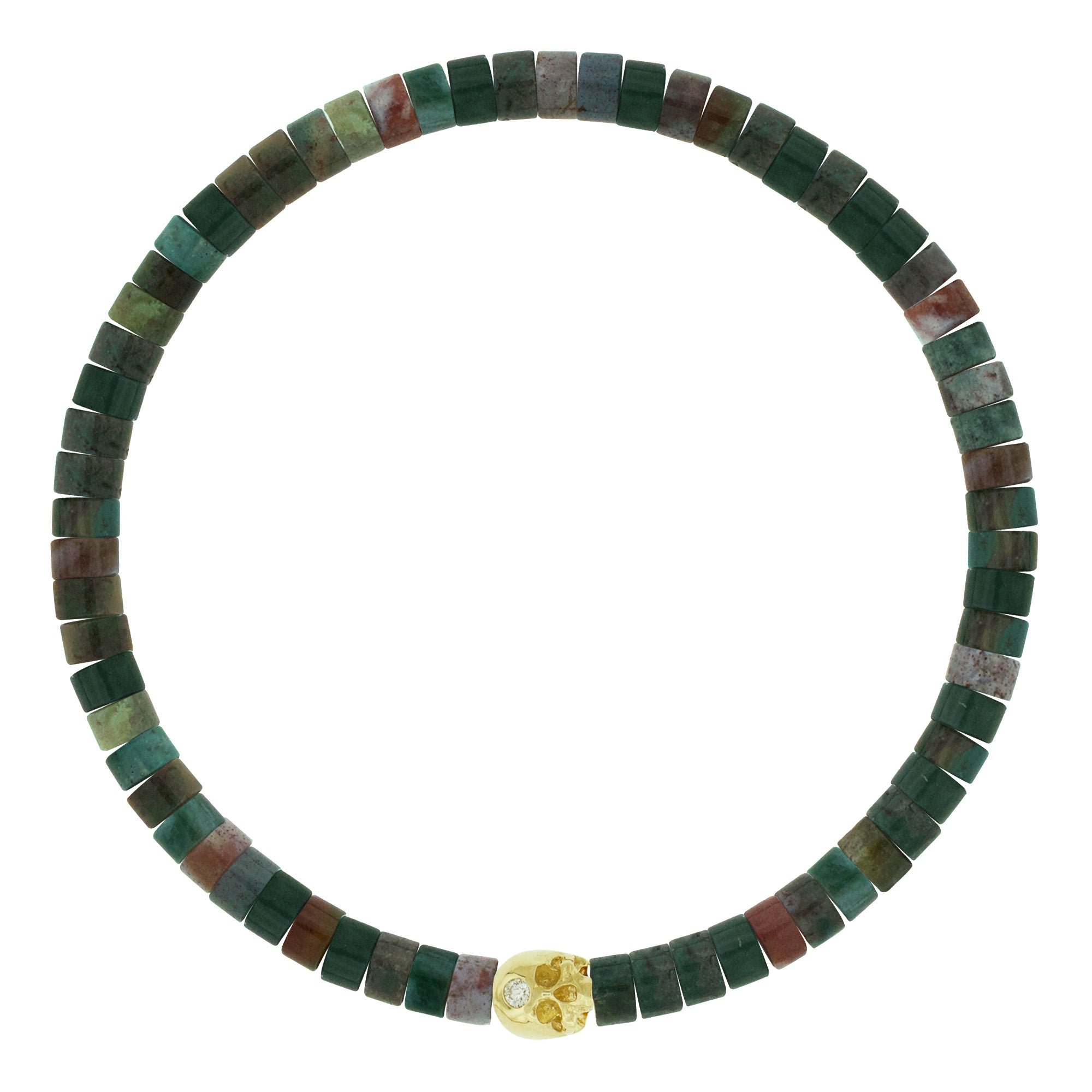 LUIS MORAIS 14k yellow gold half-skull with a white diamond on a gemstone beaded bracelet. The skull is adorned with a stone on the forehead, representing the Third Eye Chakra, which symbolizes intuition and spiritual insight.