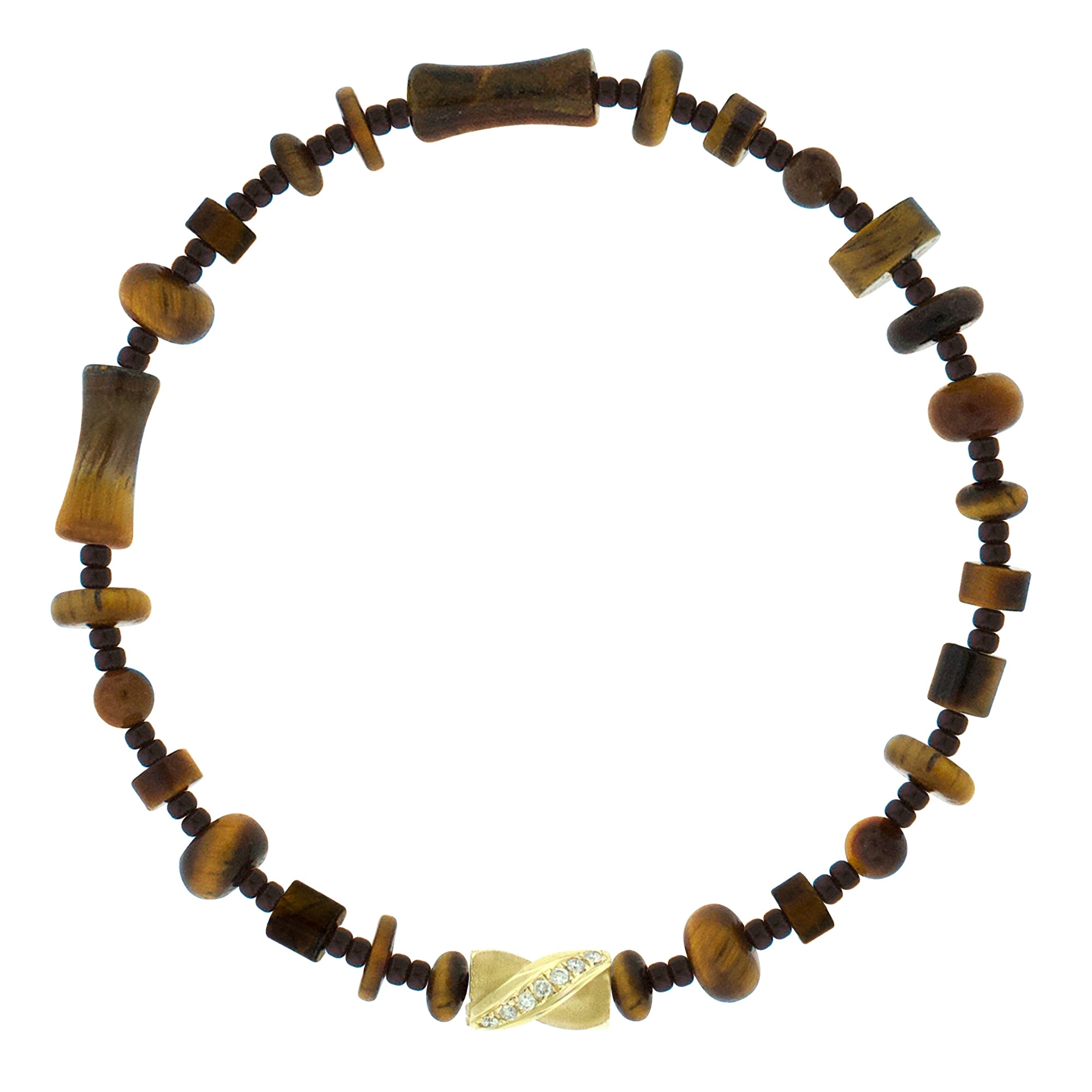 LUIS MORAIS 14k yellow gold drill bit with diamonds on a gemstone and glass beaded bracelet. The drill bit design is symbolic of digging deeper into oneself and life’s challenges. It represents resilience and the pursuit of discovery, encouraging the wearer to push through obstacles and uncover hidden truths.