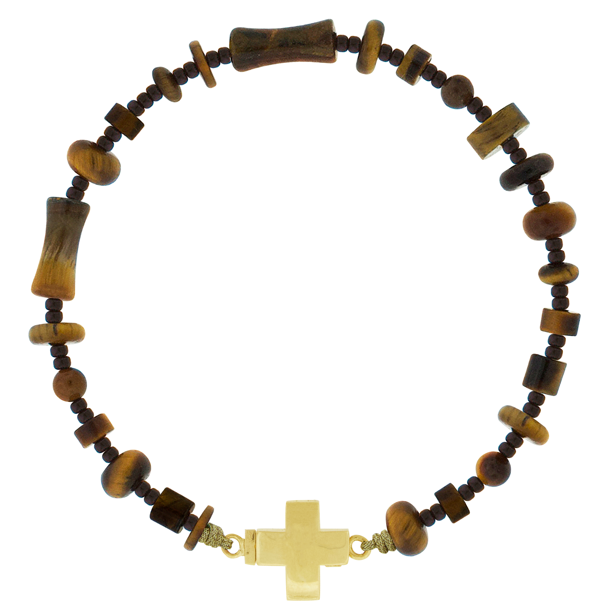 LUIS MORAIS 14K yellow gold cross clamshell clasp on a gemstone beaded bracelet.