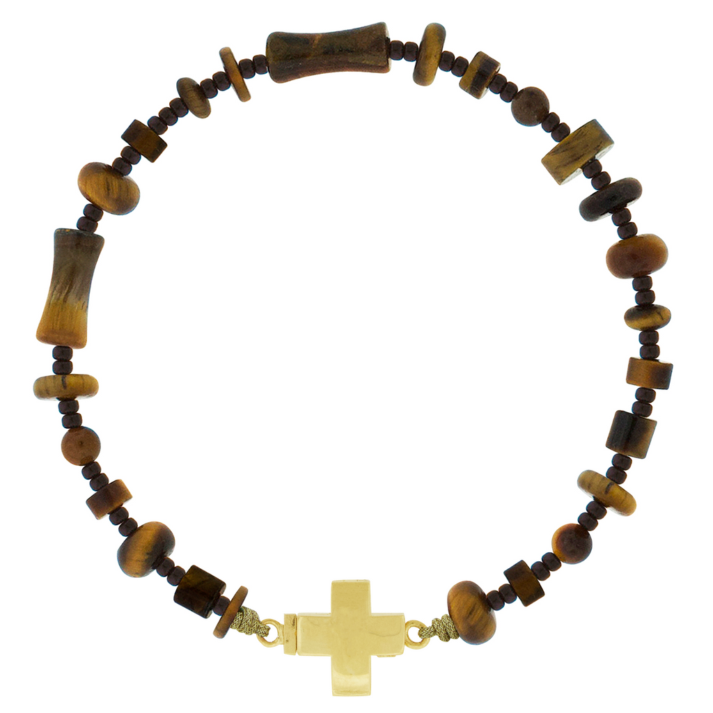 LUIS MORAIS 14K yellow gold cross clamshell clasp on a gemstone beaded bracelet.
