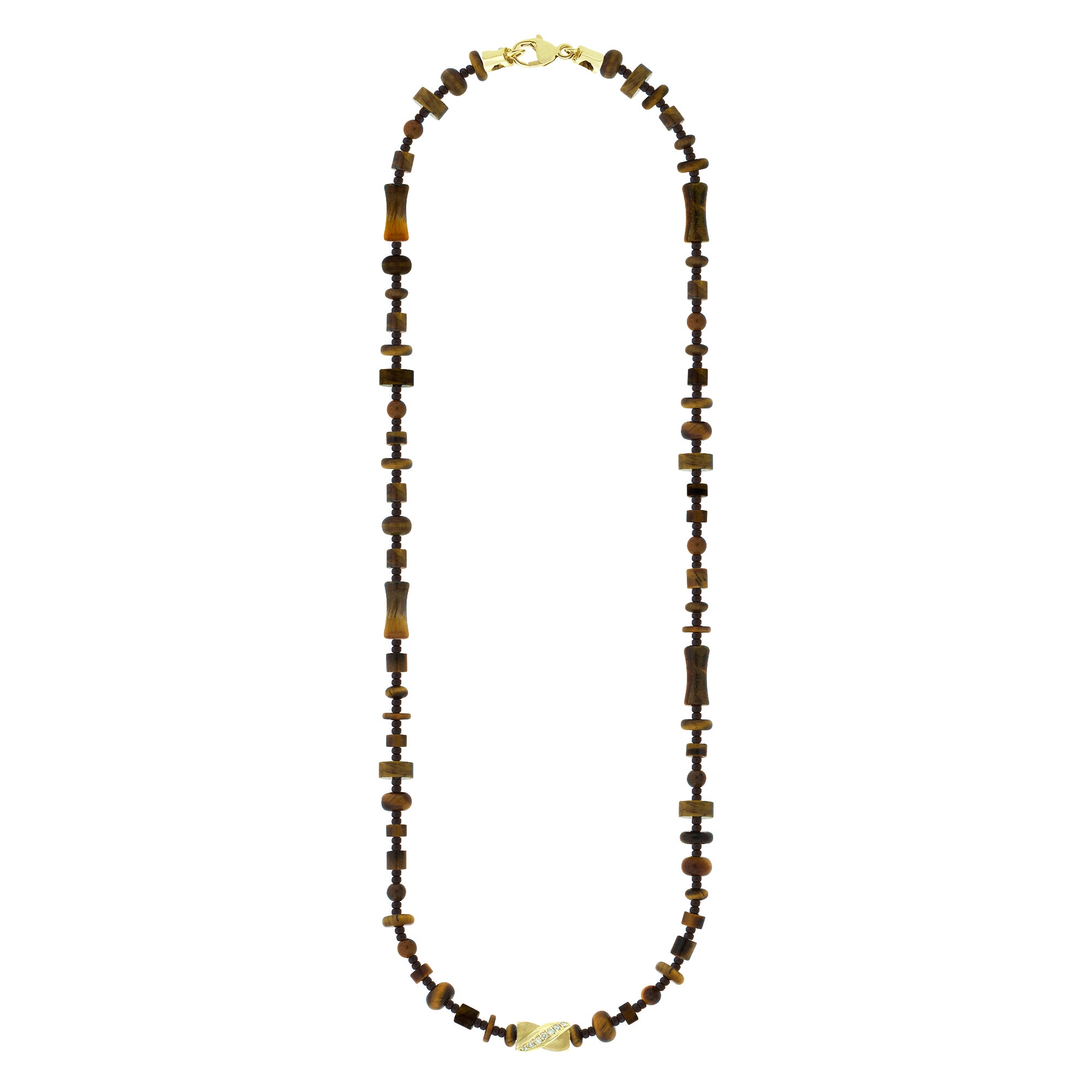 LUIS MORAIS 14k yellow gold short drill bit with white diamonds on a gemstone beaded necklace. Lobster clasp closure. The drill bit design is symbolic of digging deeper into oneself and life’s challenges. It represents resilience and the pursuit of discovery, encouraging the wearer to push through obstacles and uncover hidden truths.
