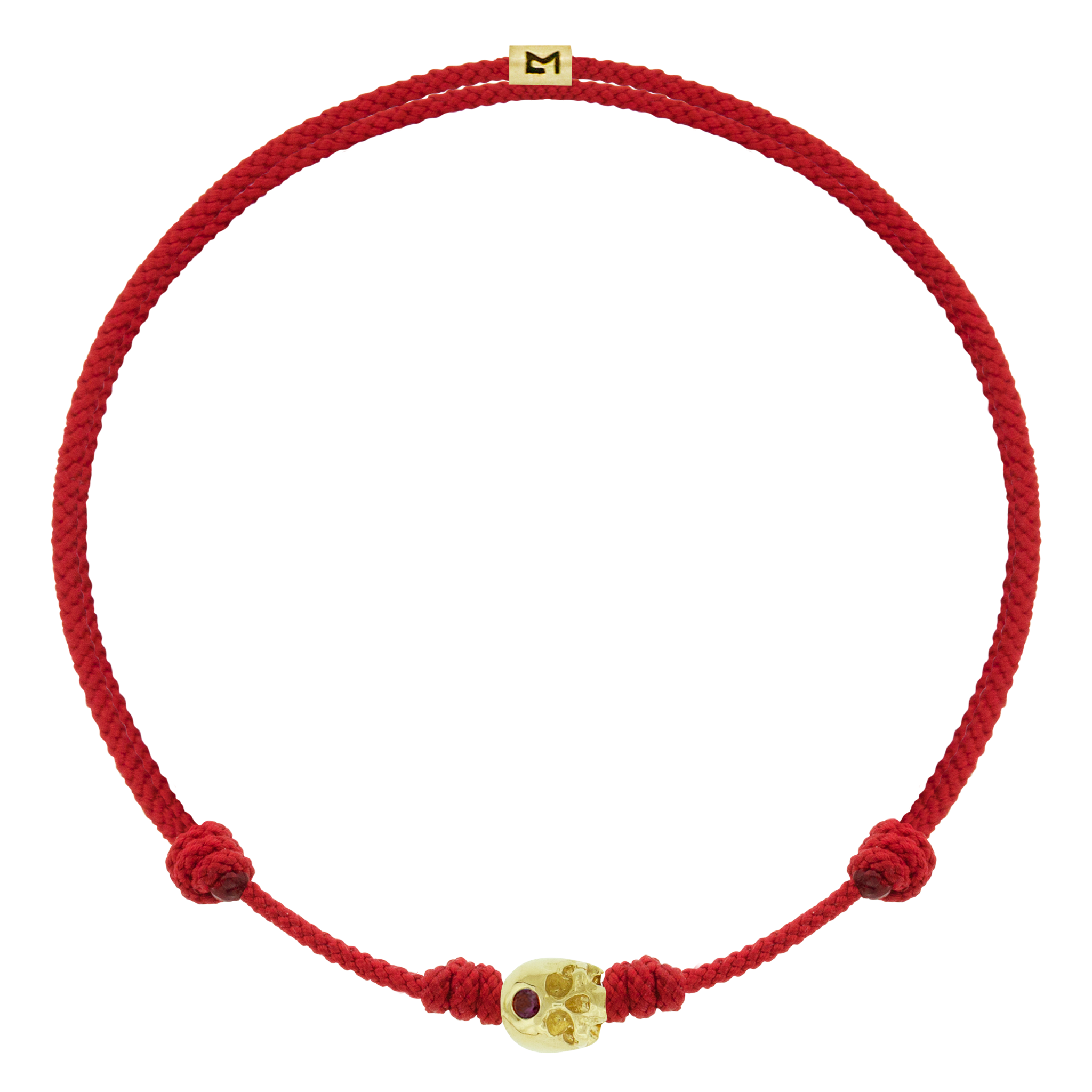 LUIS MORAIS 14k yellow gold half-skull with a ruby on an adjustable cord bracelet. The skull is adorned with a stone on the forehead, representing the Third Eye Chakra, which symbolizes intuition and spiritual insight.