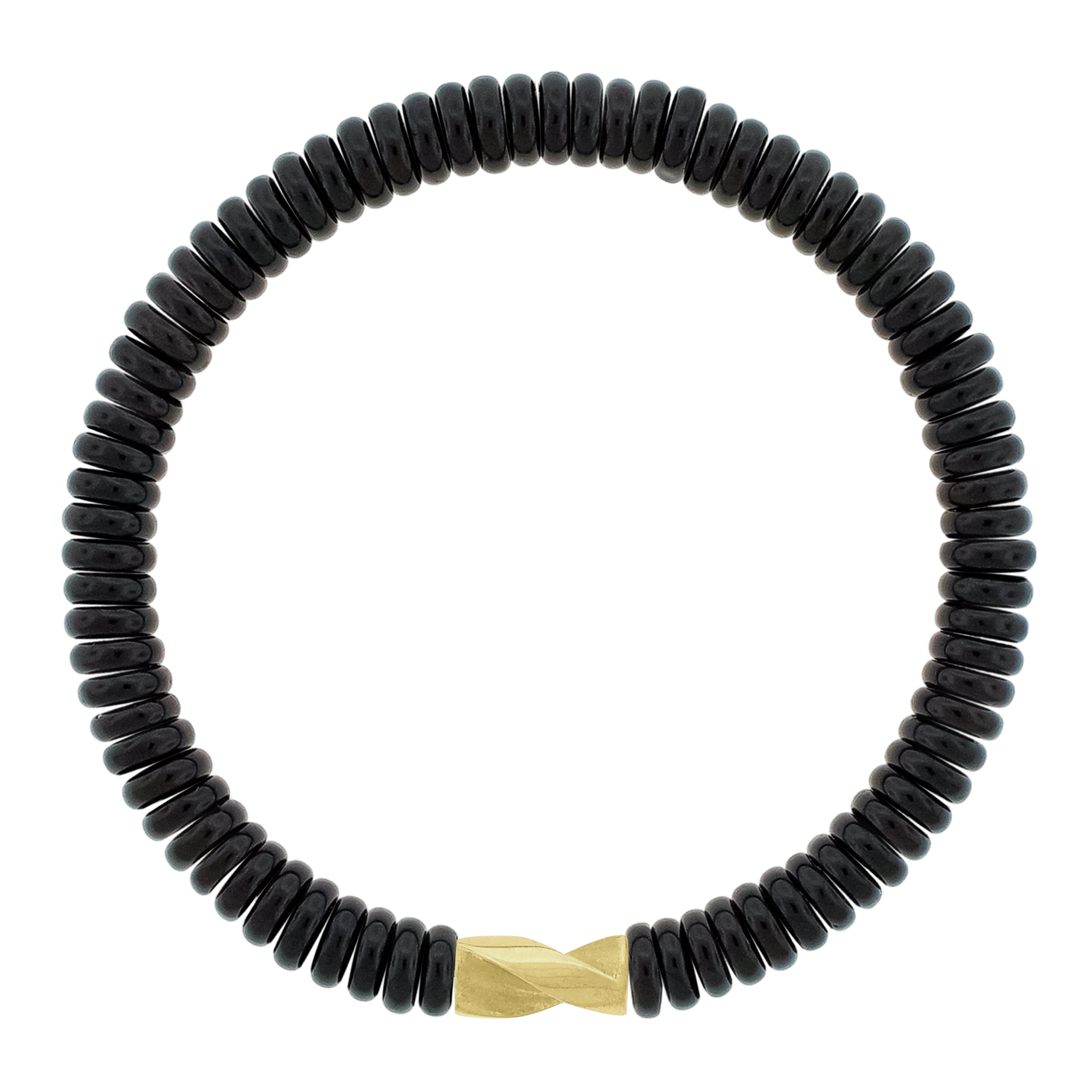 LUIS MORAIS 14k yellow gold long drill bit on a gemstone beaded bracelet. The drill bit design is symbolic of digging deeper into oneself and life’s challenges. It represents resilience and the pursuit of discovery, encouraging the wearer to push through obstacles and uncover hidden truths.