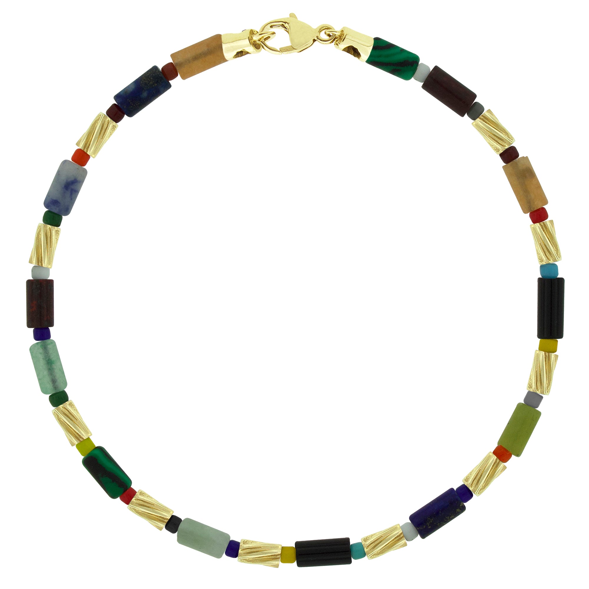 LUIS MORAIS gemstone beaded bracelet with 14k yellow gold clasp and ten mini gold drill bits. The drill bit design is symbolic of digging deeper into oneself and life’s challenges. It represents resilience and the pursuit of discovery, encouraging the wearer to push through obstacles and uncover hidden truths.