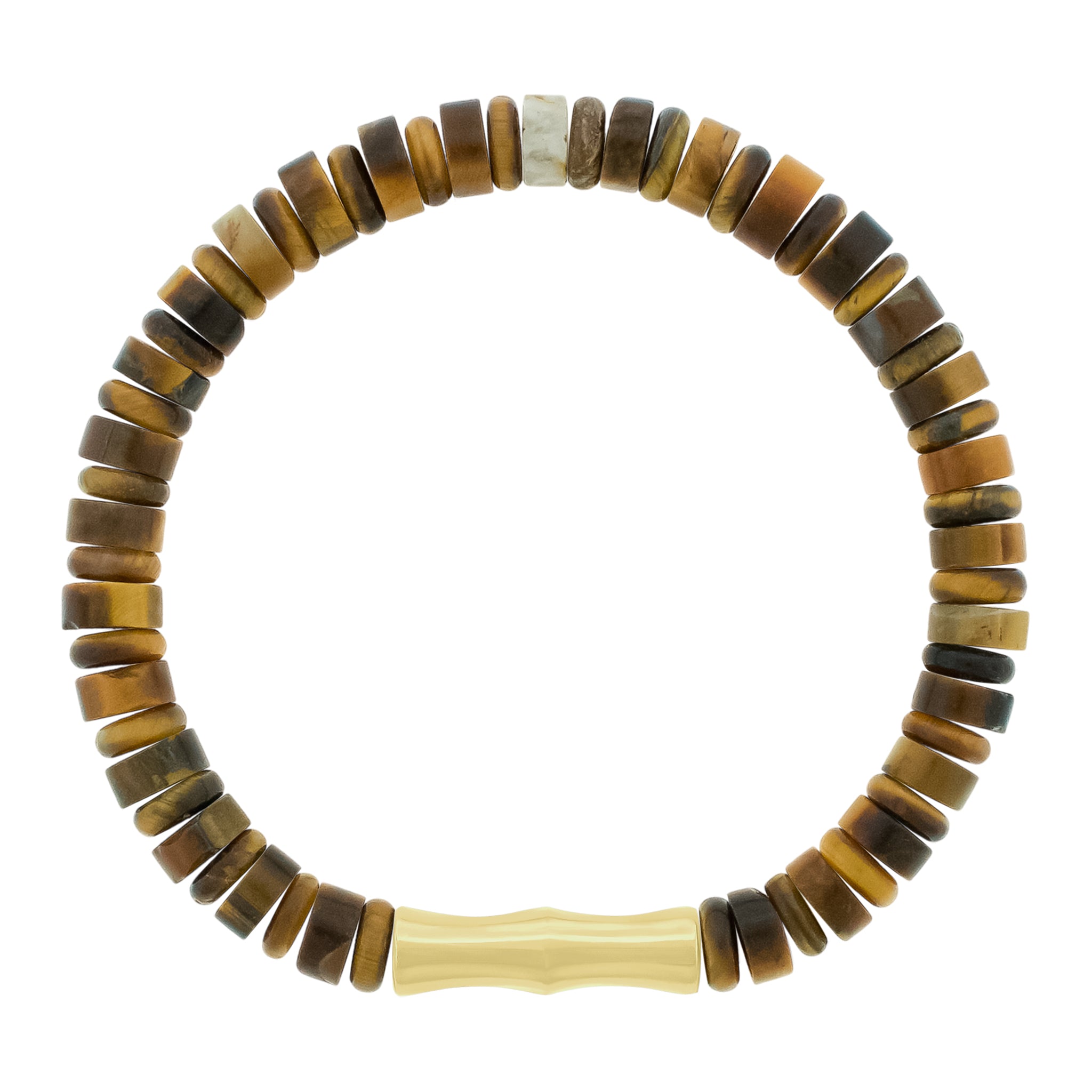 A gold bracelet with tiger's eye beads and a bamboo motif, displayed against a white background.