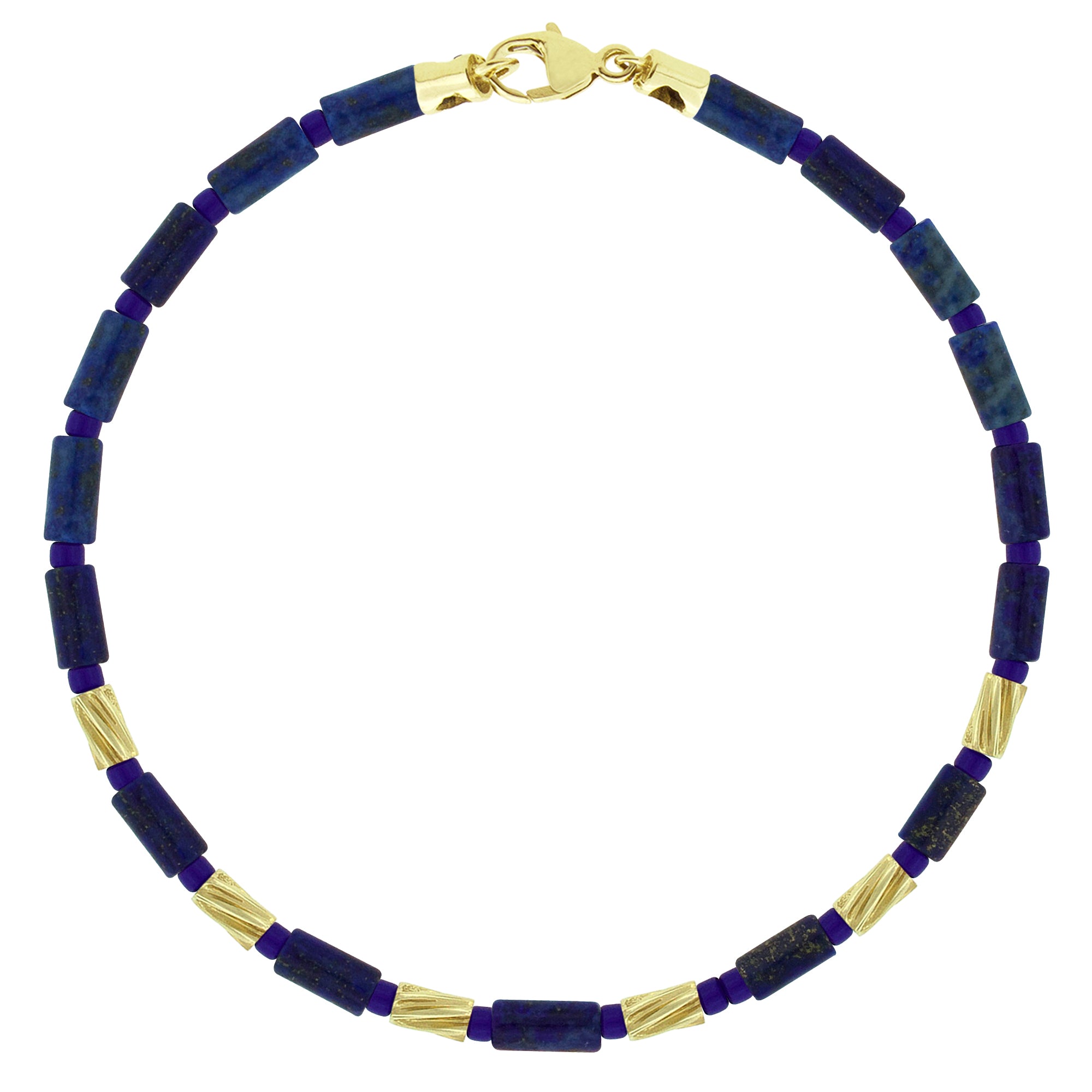 A gemstone beaded bracelet with a 14k yellow gold clasp and alternating gold drill bit and lapis beads.