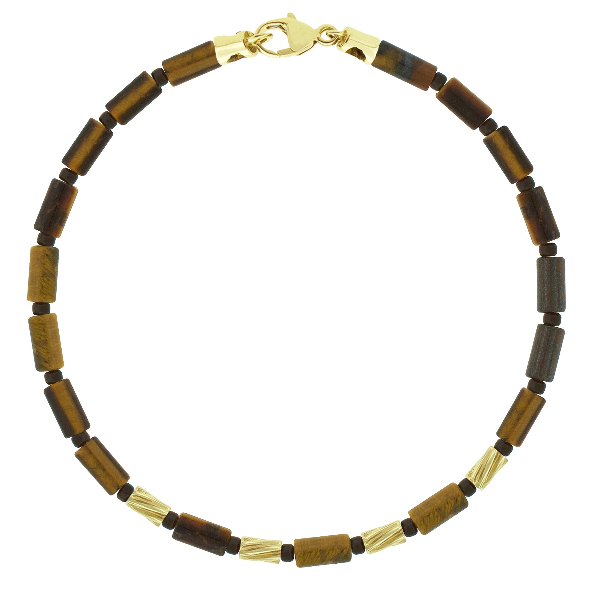 A beaded bracelet with brown tiger's eye stones and gold-colored mini drill bits, featuring a 14k yellow gold clasp.