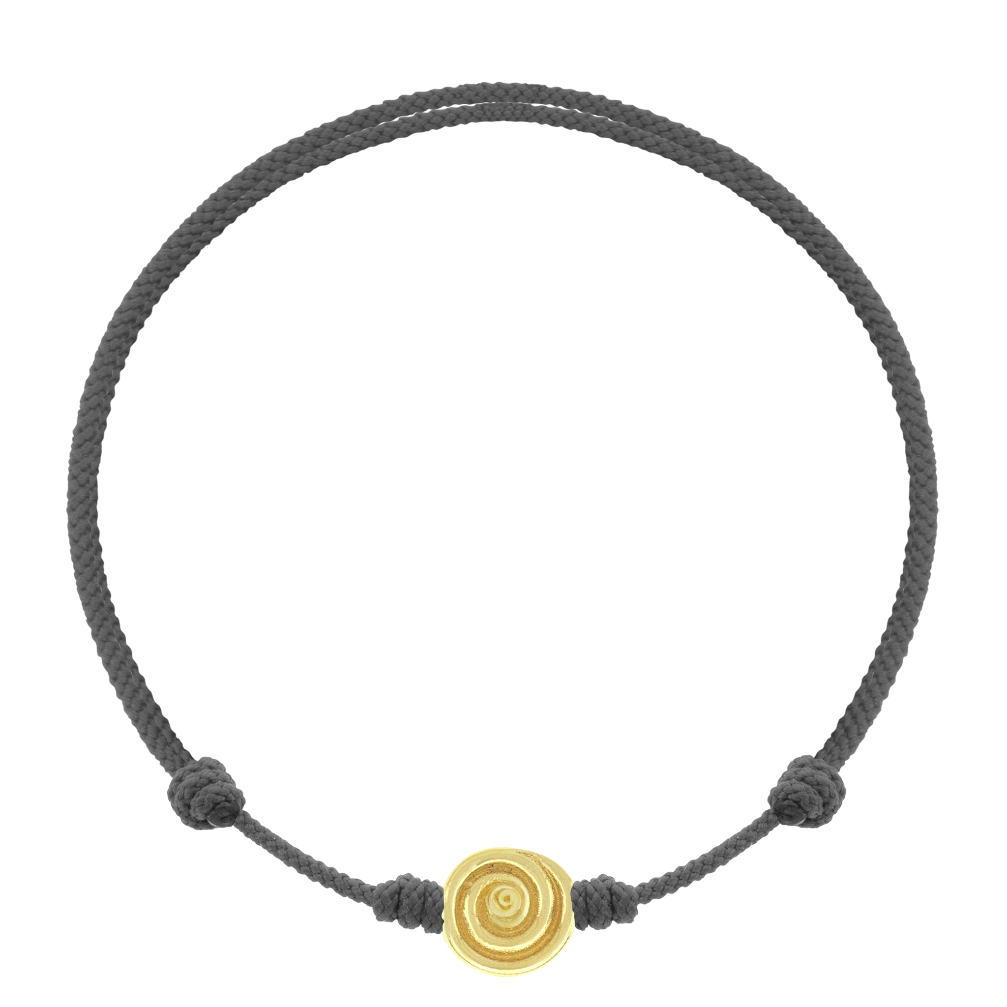 LUIS MORAIS 14k yellow gold spiral disk on an adjustable cord bracelet. The spiral symbolizes growth, evolution, and the journey of life. A timeless emblem of continuous transformation, it represents balance, expansion, and the path to deeper wisdom.