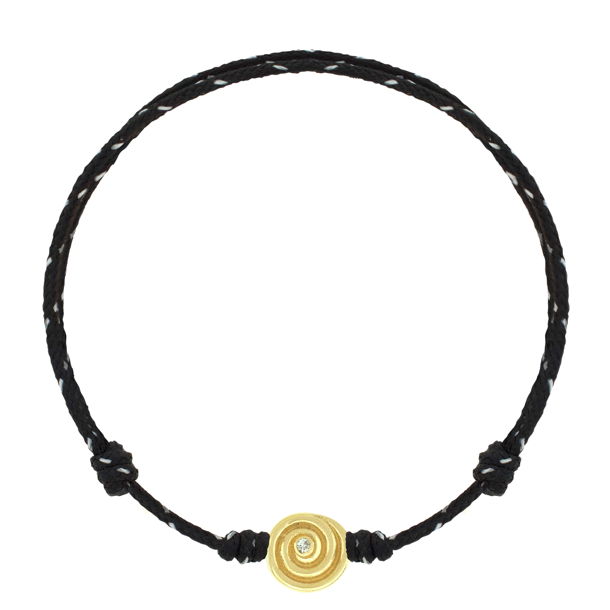 LUIS MORAIS 14k yellow gold spiral disk with a white diamond on an adjustable cord bracelet. The spiral symbolizes growth, evolution, and the journey of life. A timeless emblem of continuous transformation, it represents balance, expansion, and the path to deeper wisdom.