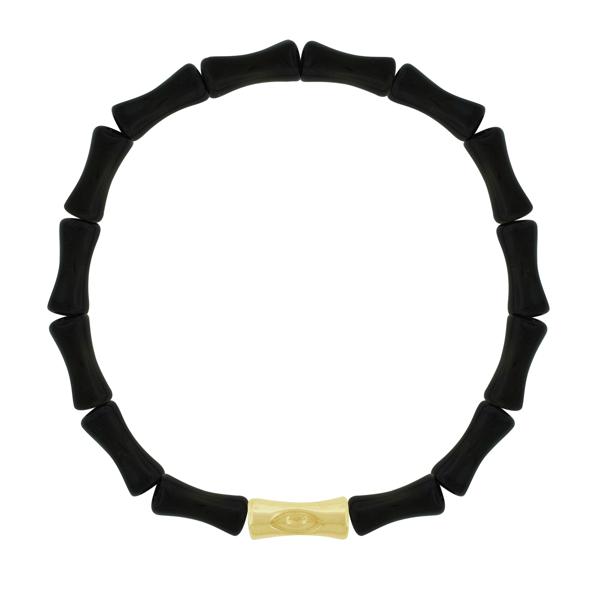 LUIS MORAIS 14k yellow gold single Sheath Bamboo tube with a recessed symbol on a gemstone beaded bracelet. The evil eye is a symbol of protection, believed to ward off negative energy and bring good fortune.