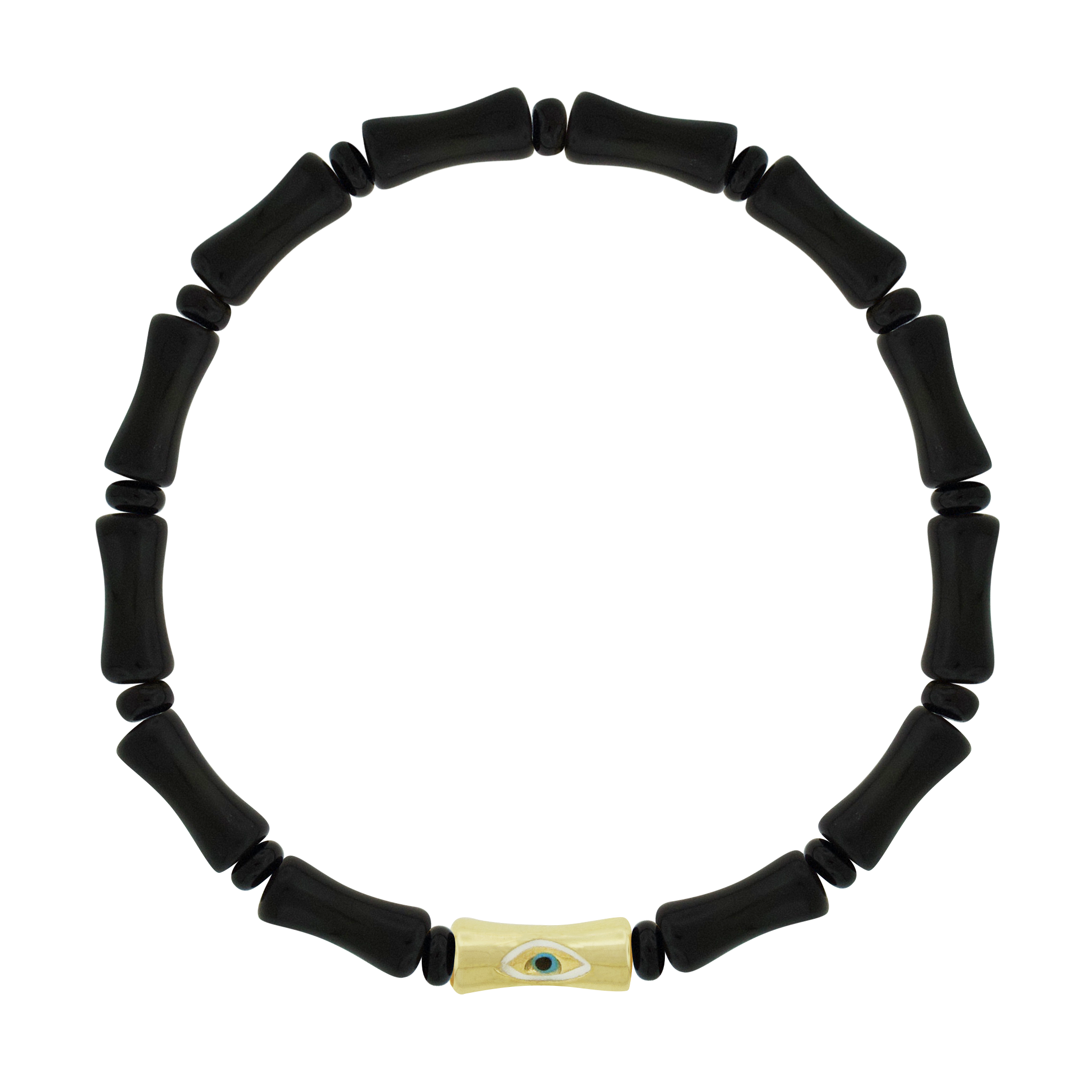 LUIS MORAIS 14k yellow gold single Sheath Bamboo tube with an enameled symbol on a gemstone beaded bracelet. The evil eye is a symbol of protection, believed to ward off negative energy and bring good fortune.