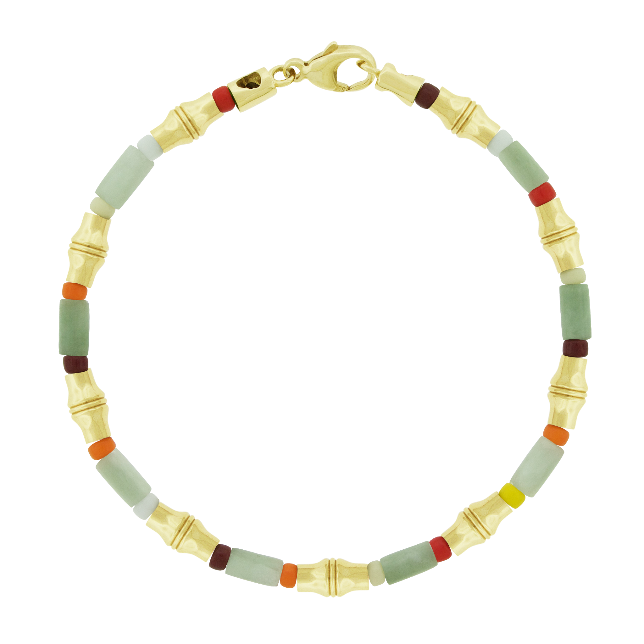 LUIS MORAIS gemstone and glass beaded bracelet with nine 14k yellow gold Canister Bamboo tubes with a lobster clasp closure. Bamboo symbolizes strength, resilience, and the ability to grow through adversity.