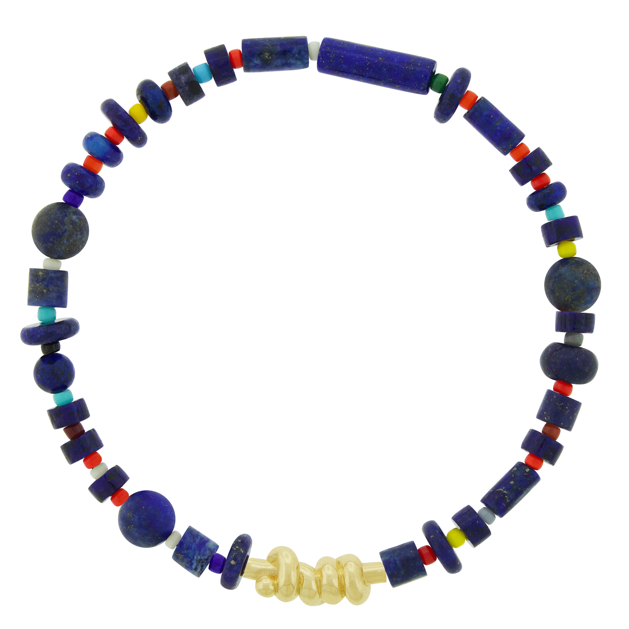 LUIS MORAIS 14k yellow gold Entangled Knot on a gemstone and glass beaded bracelet. This bracelet features an entangled knot, symbolizing the interconnectedness of life, love, and destiny. The design represents how our paths, though complex, are ultimately bound together in a shared journey. A meaningful reminder of the strength found in togetherness the bonds that hold us together.