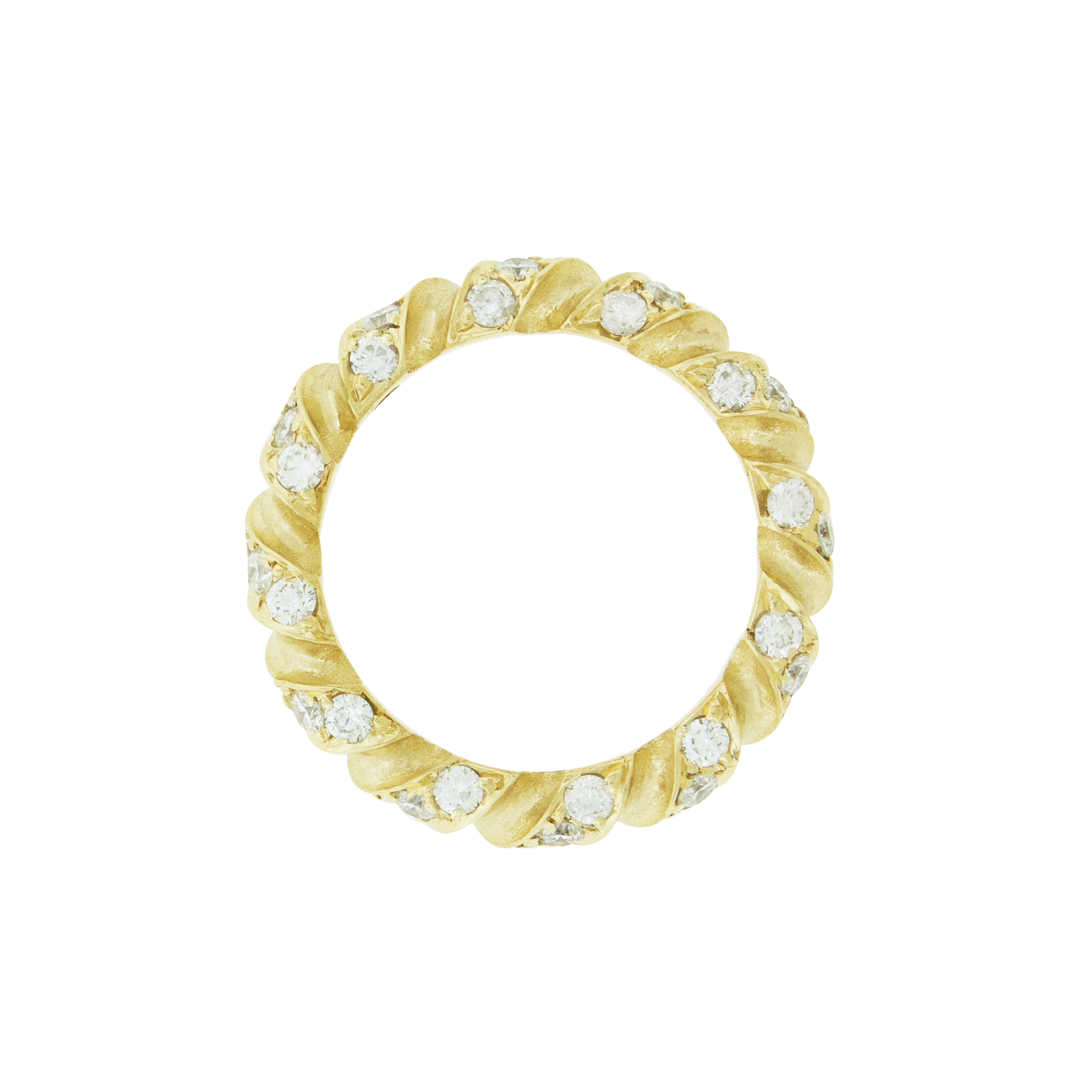 A 14k yellow gold drill bit band with white diamonds around the circumference.