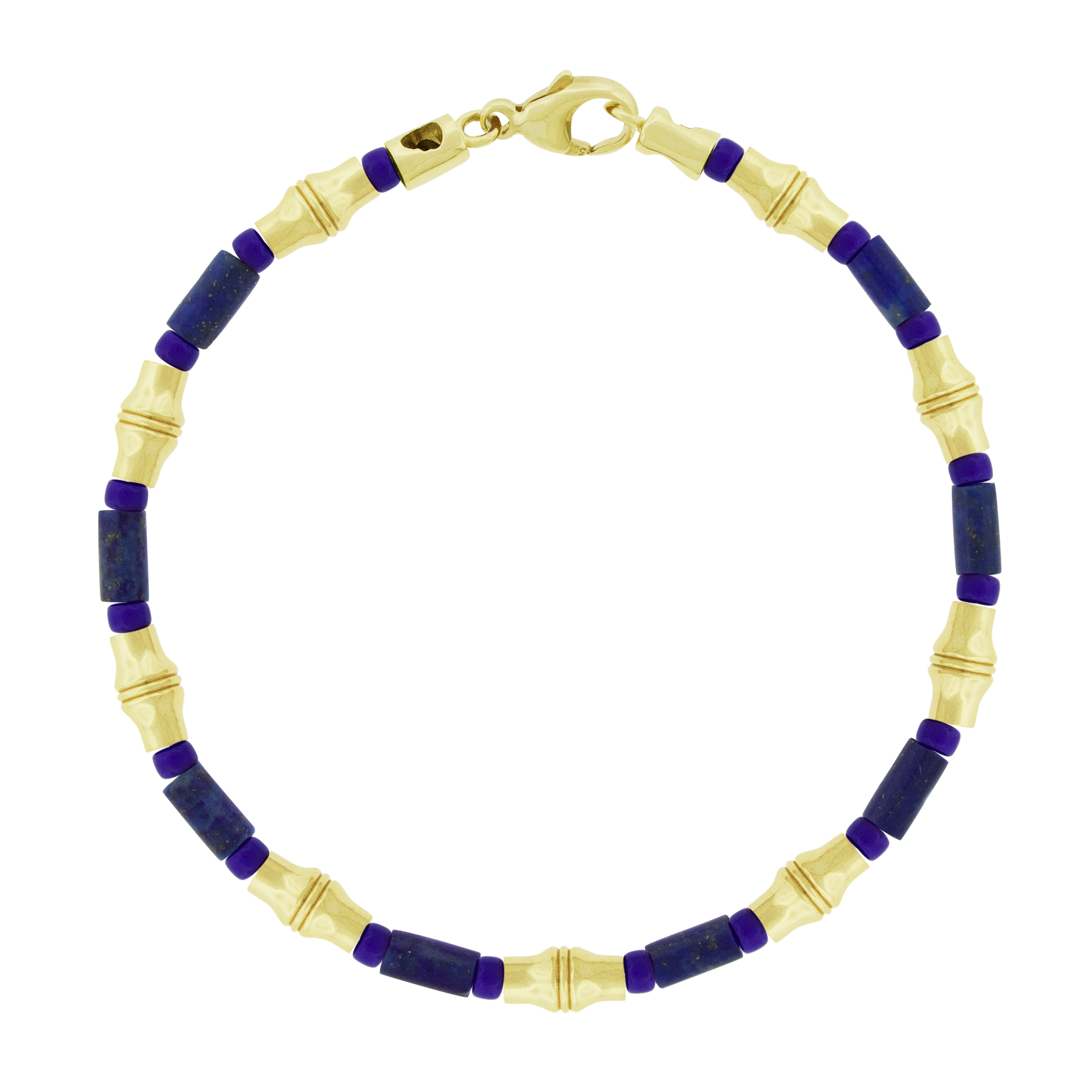 LUIS MORAIS gemstone and glass beaded bracelet with nine 14k yellow gold Canister Bamboo tubes with a lobster clasp closure. Bamboo symbolizes strength, resilience, and the ability to grow through adversity.