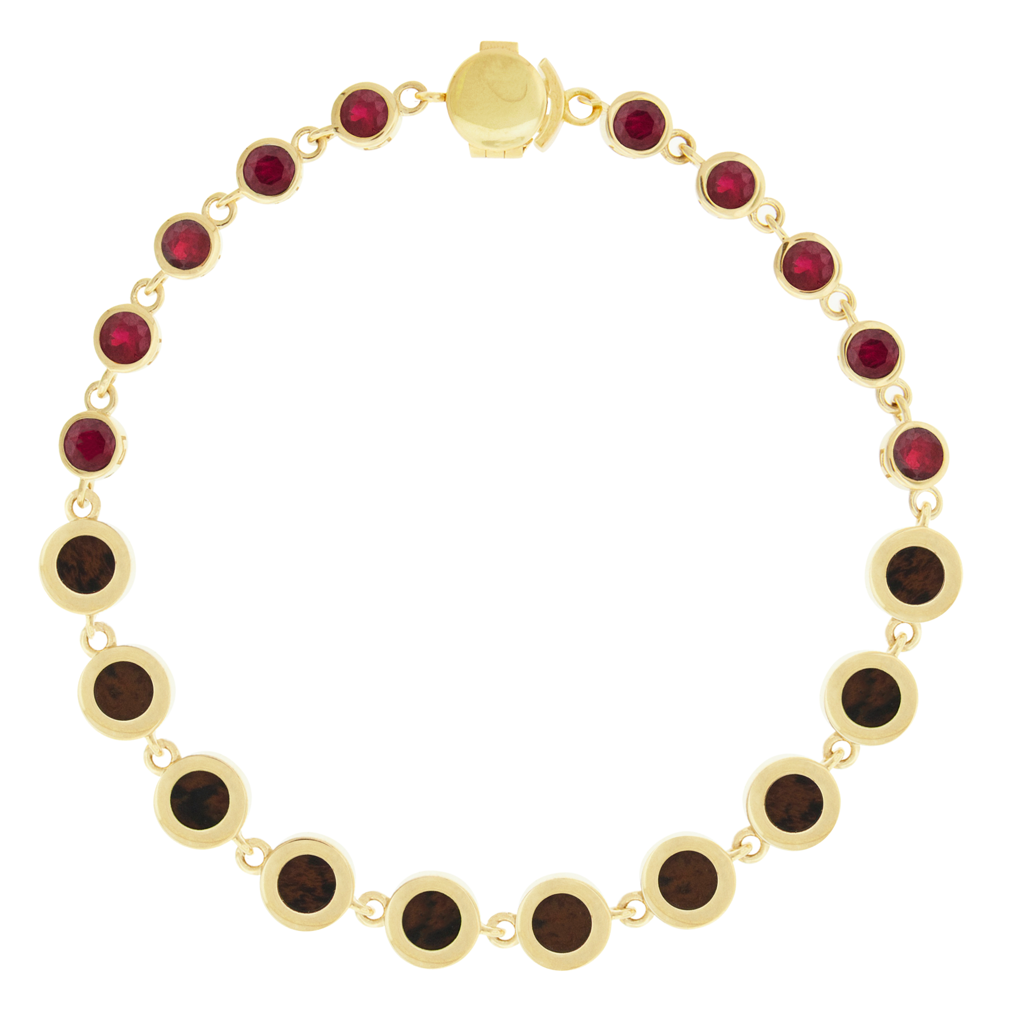 LUIS MORAIS 14k yellow gold bracelet featuring carved round gemstones and round rubies. Our unique clamshell clasp closure provides added security with its sleek design.