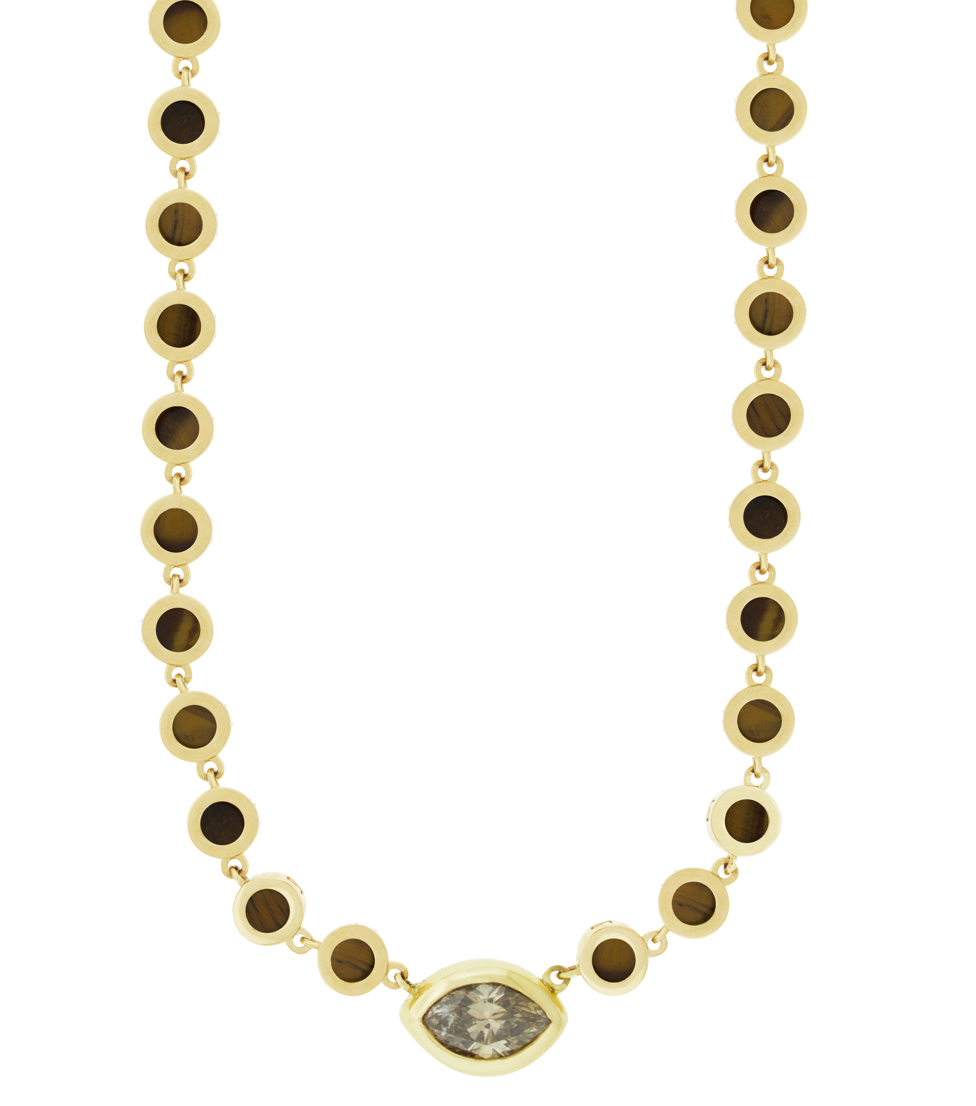 A 14k yellow gold chain necklace with round Tiger's Eye gemstones and a marquise diamond eye, featuring a unique clamshell clasp closure.