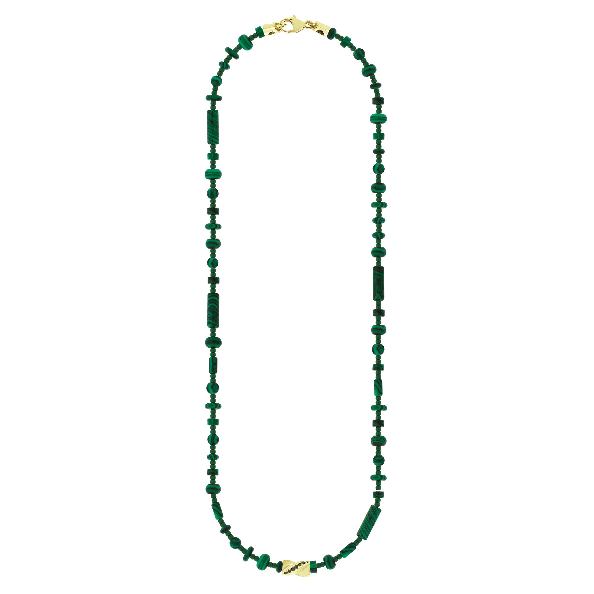 A green gemstone beaded necklace with a gold drill bit pendant and lobster clasp closure.