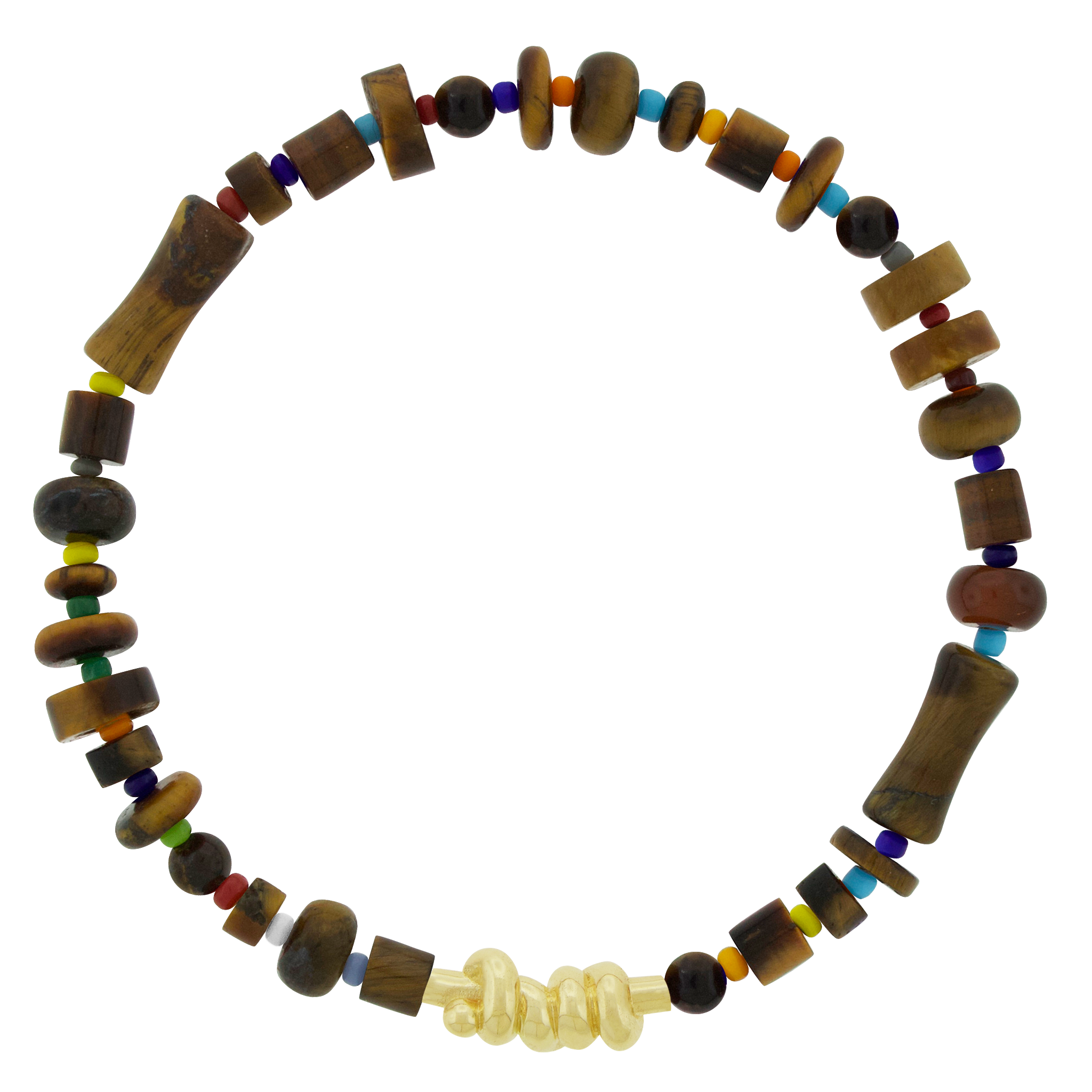 LUIS MORAIS 14k yellow gold Entangled Knot on a gemstone and glass beaded bracelet. This bracelet features an entangled knot, symbolizing the interconnectedness of life, love, and destiny. The design represents how our paths, though complex, are ultimately bound together in a shared journey. A meaningful reminder of the strength found in togetherness the bonds that hold us together.