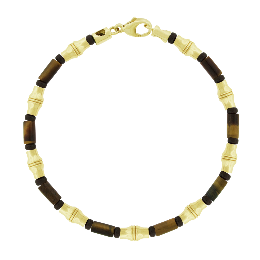 LUIS MORAIS gemstone and glass beaded bracelet with nine 14k yellow gold Canister Bamboo tubes with a lobster clasp closure. Bamboo symbolizes strength, resilience, and the ability to grow through adversity.
