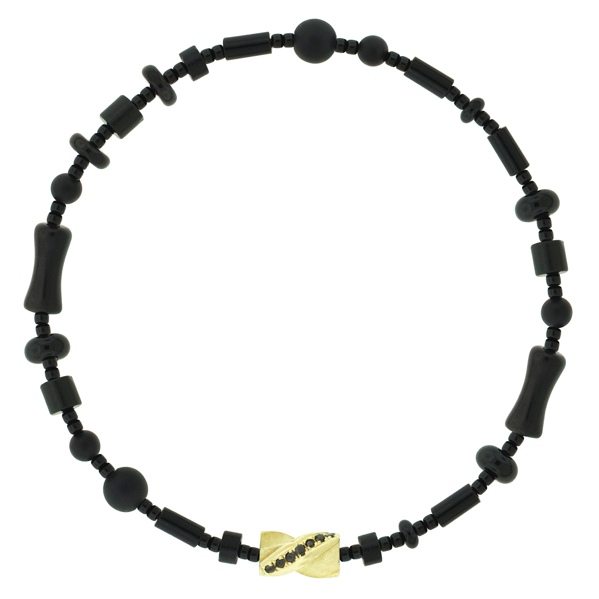 LUIS MORAIS 14k yellow gold drill bit with diamonds on a gemstone and glass beaded bracelet. The drill bit design is symbolic of digging deeper into oneself and life’s challenges. It represents resilience and the pursuit of discovery, encouraging the wearer to push through obstacles and uncover hidden truths.
