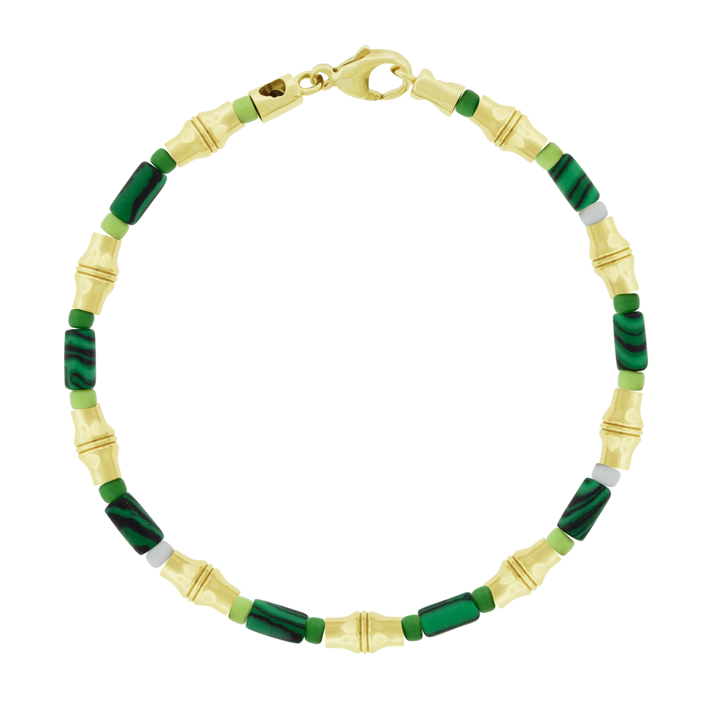 LUIS MORAIS gemstone and glass beaded bracelet with nine 14k yellow gold Canister Bamboo tubes with a lobster clasp closure. Bamboo symbolizes strength, resilience, and the ability to grow through adversity..
