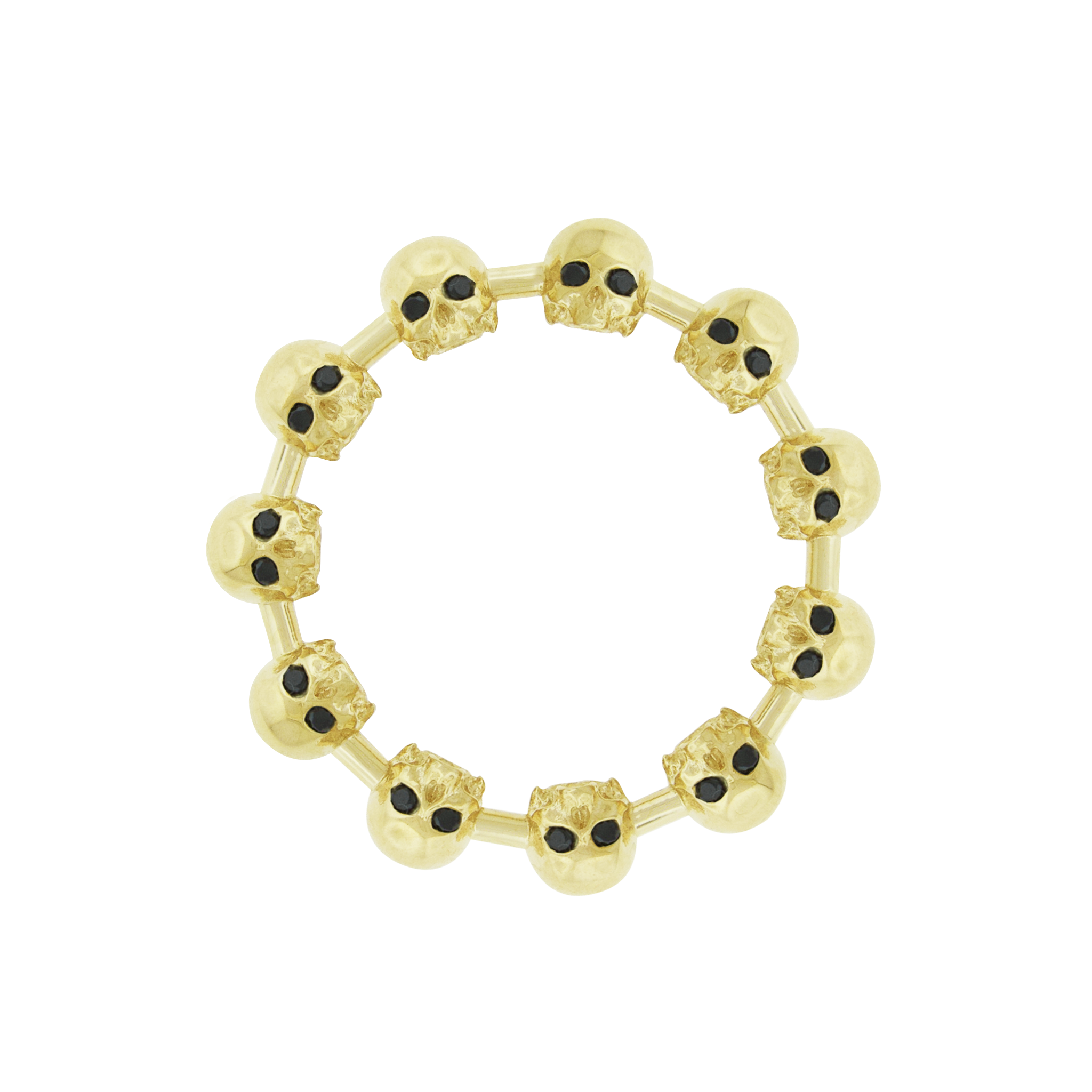 LUIS MORAIS 14k yellow gold half-skull ring features white diamonds at their crown and black diamond eyes. The skull is a powerful symbol, often representing the transient nature of life and the inevitability of mortality. It serves as a reminder of our mortality and the importance of living authentically.