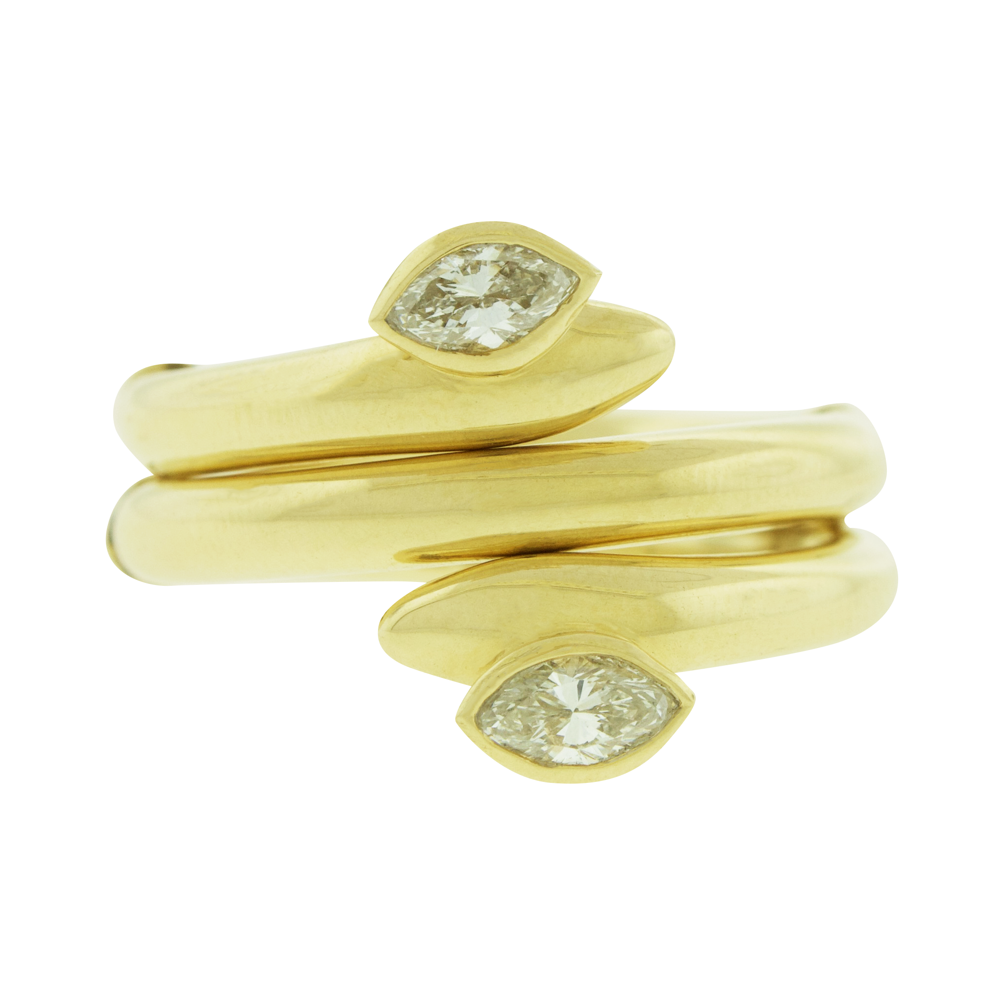 Sleek and sculptural, this Serpentine Ring is crafted in solid 14k yellow gold and features two marquise-cut white diamonds. The flexible design can be worn across up to three fingers. A bold, modular piece that merges clean lines with edge.