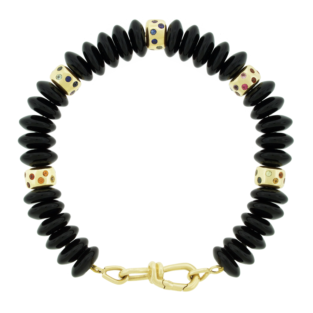 LUIS MORAIS 14k yellow gold large wire clasp and five gold roundel beads with rainbow sapphires on a gemstone beaded bracelet.