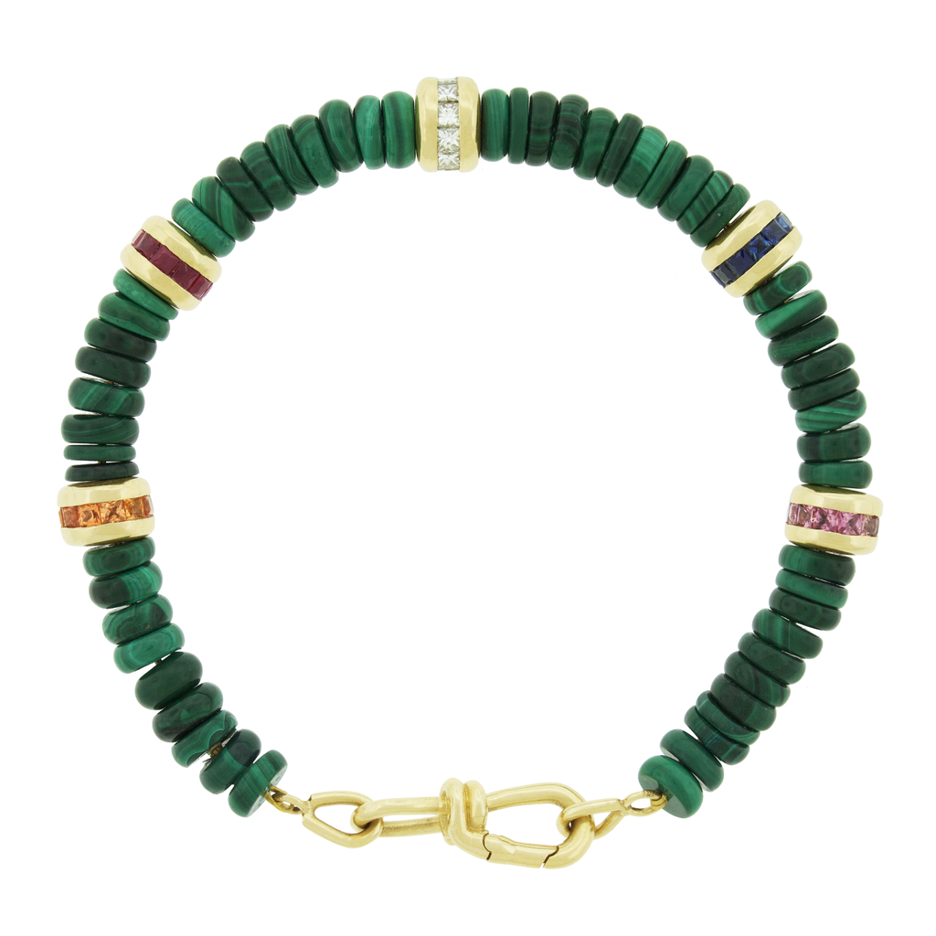 LUIS MORAIS 14k yellow gold large wire clasp and five gold roundel beads with white diamonds, blue sapphires, rubies, and orange and pink sapphire baguettes on a gemstone beaded bracelet.