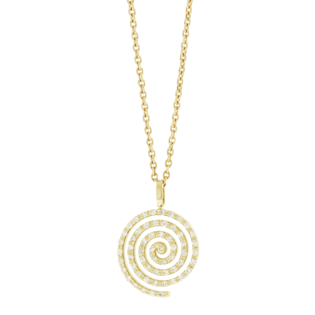 LUIS MORAIS 14K yellow gold white diamond encrusted spiral pendant. Chain sold separately. &nbsp;The spiral symbolizes growth, evolution, and the journey of life. A timeless emblem of continuous transformation, it represents balance, expansion, and the path to deeper wisdom