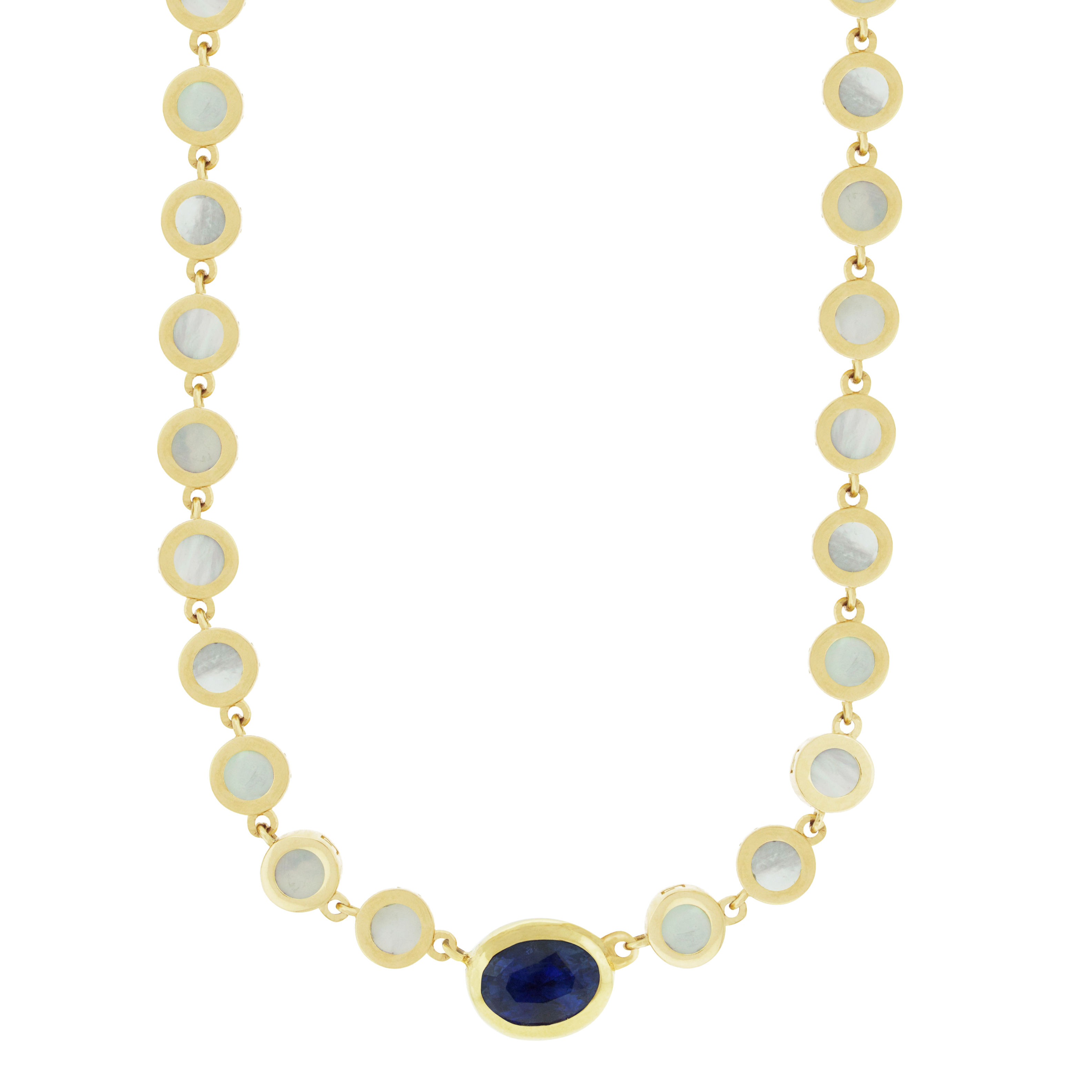 A 14k yellow gold chain necklace with round encased mother-of-pearl and a framed marquise blue sapphire eye, featuring a unique clamshell clasp closure.
