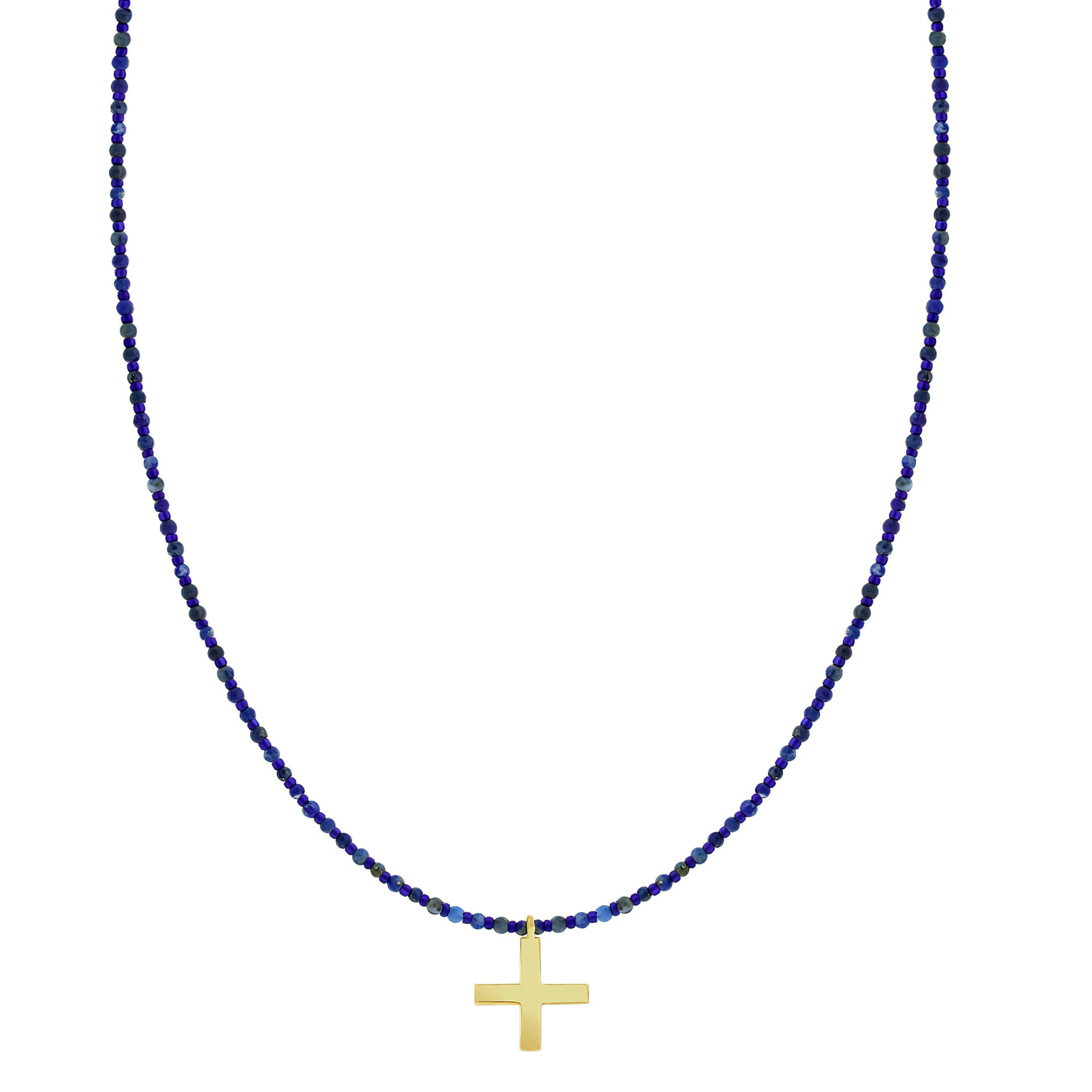 LUIS MORIAS 14K yellow gold Greek Cross with satin finish on a beaded necklace. Features round Lapis beads and glass beads. Skull outline toggle clasp closure.
